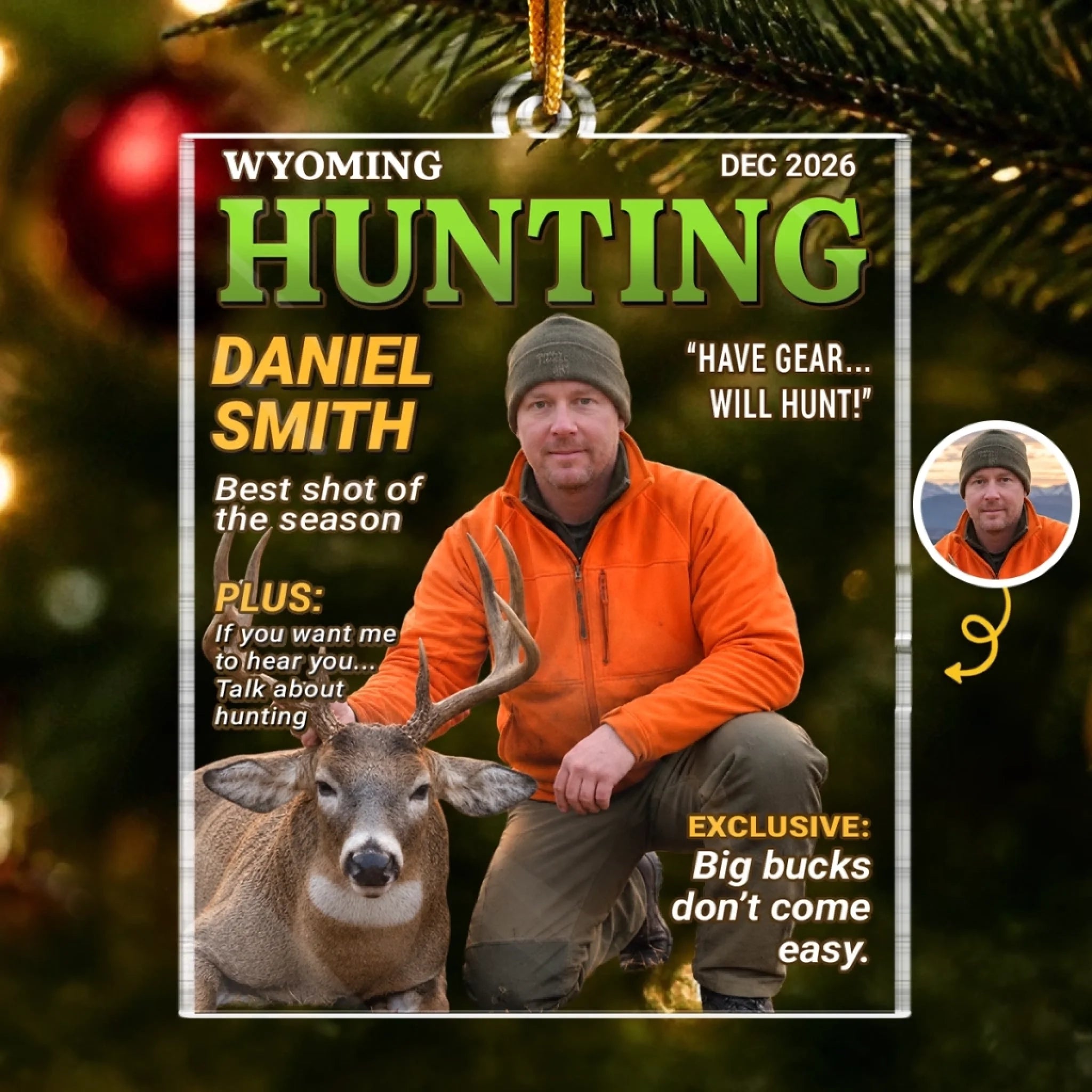 Personalized Photo Magazine Acrylic Ornament for Hunters, Custom Christmas or Birthday Hunting Gift