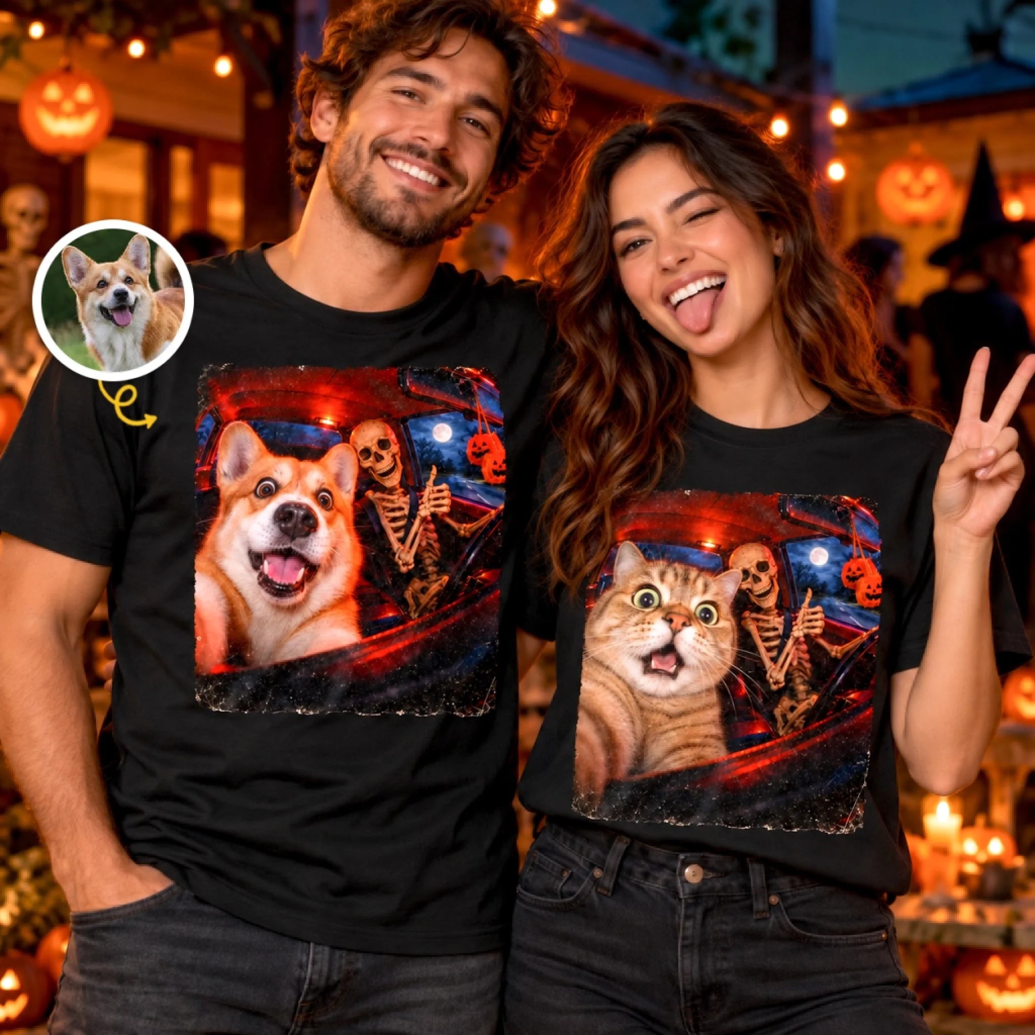Custom Photo Funny Dog Selfie Skeleton Comfort T-Shirt, Personalized Halloween Gift for Pet Lovers