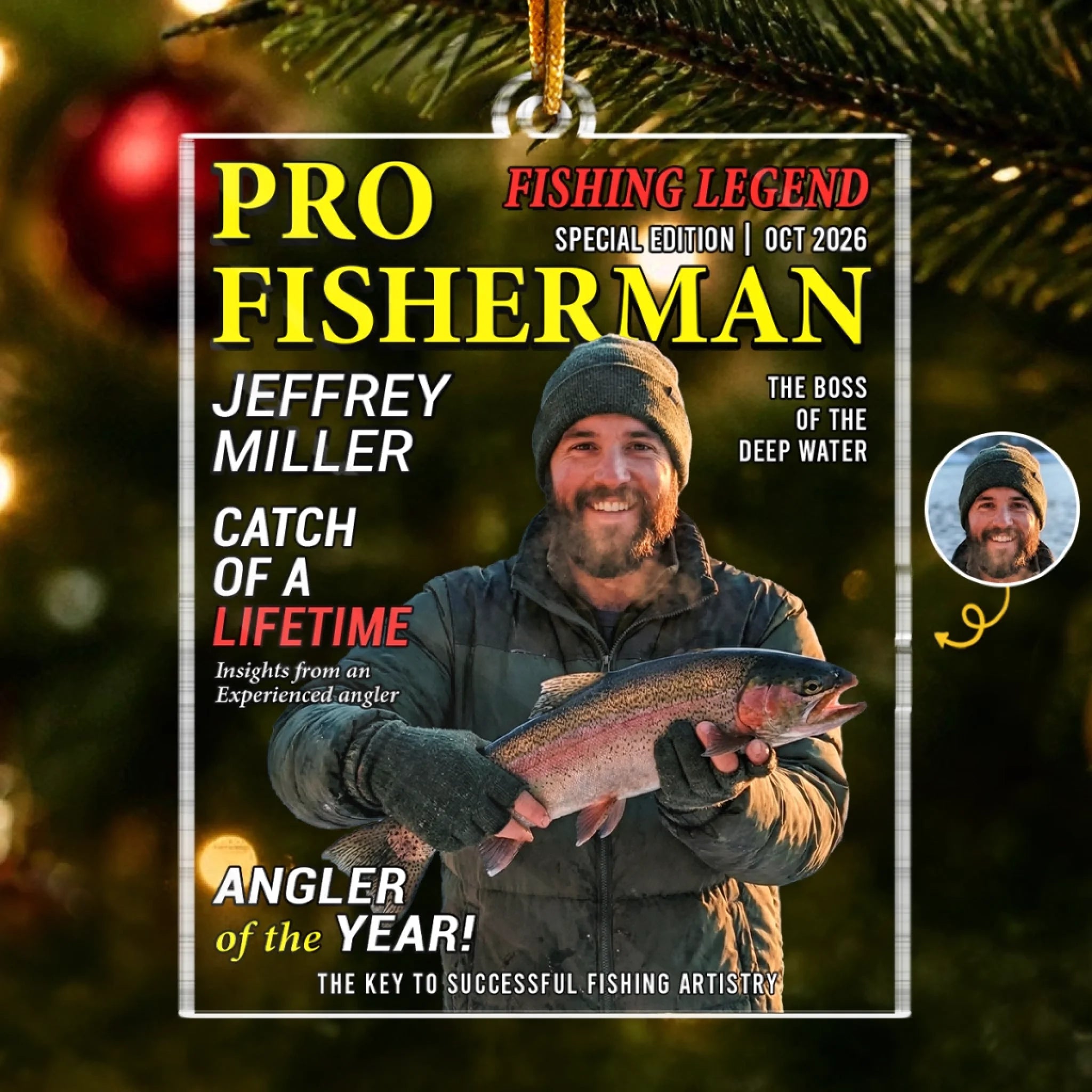 Custom Photo Magazine Acrylic Ornament - Personalized Fishing Christmas Gift for Fisherman Dad Husband Son