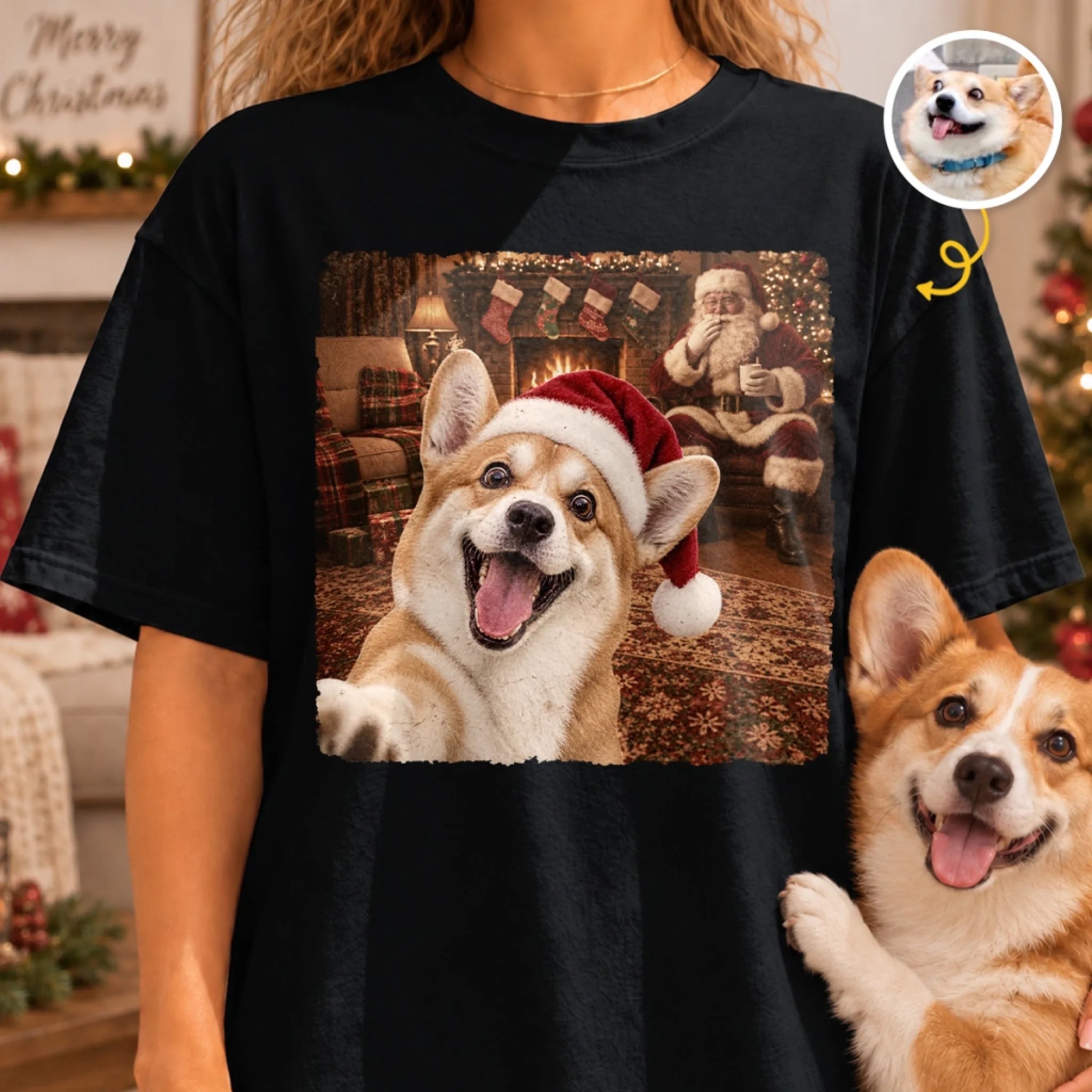 Custom Photo Funny Dog Selfie With Santa Comfort T-Shirt, Personalized Christmas Gift for Pet Lovers