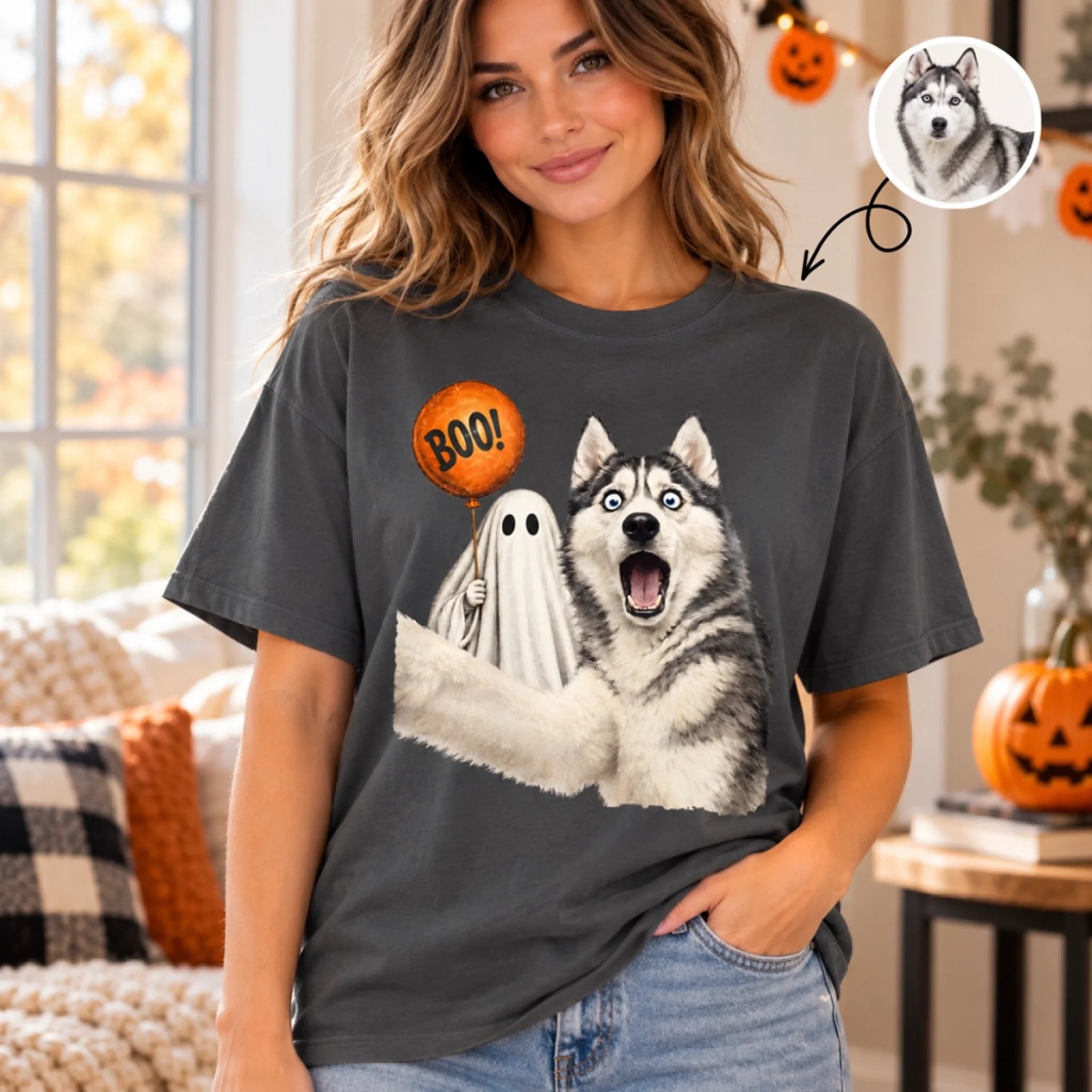 Custom Photo Funny Dog Selfie Comfort T-Shirt, Personalized Halloween Gift for Dog Cat Lovers