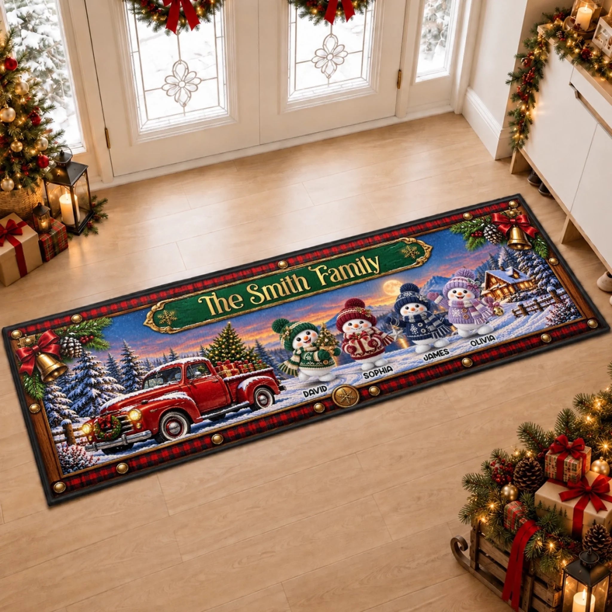Custom Snowman Family Runner Rug, Personalized Christmas Gift for Mom Dad Brother Sister