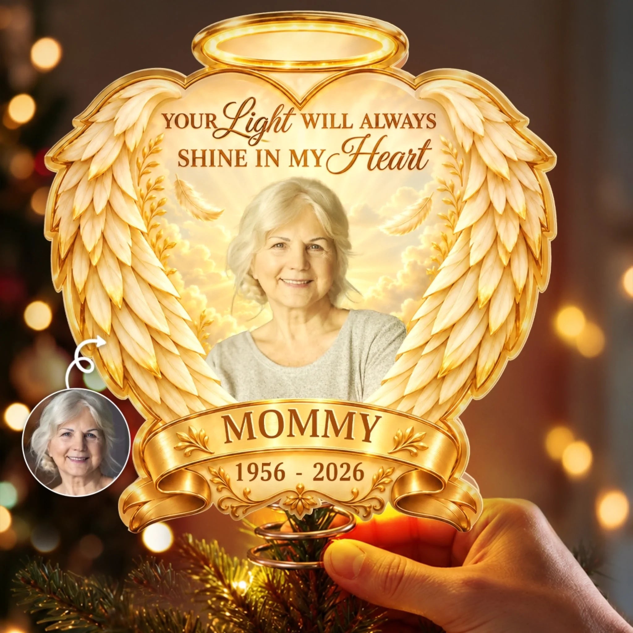 Custom Photo LED Tree Topper Personalized Memorial Sympathy Gift for Loss of Mom or Dad