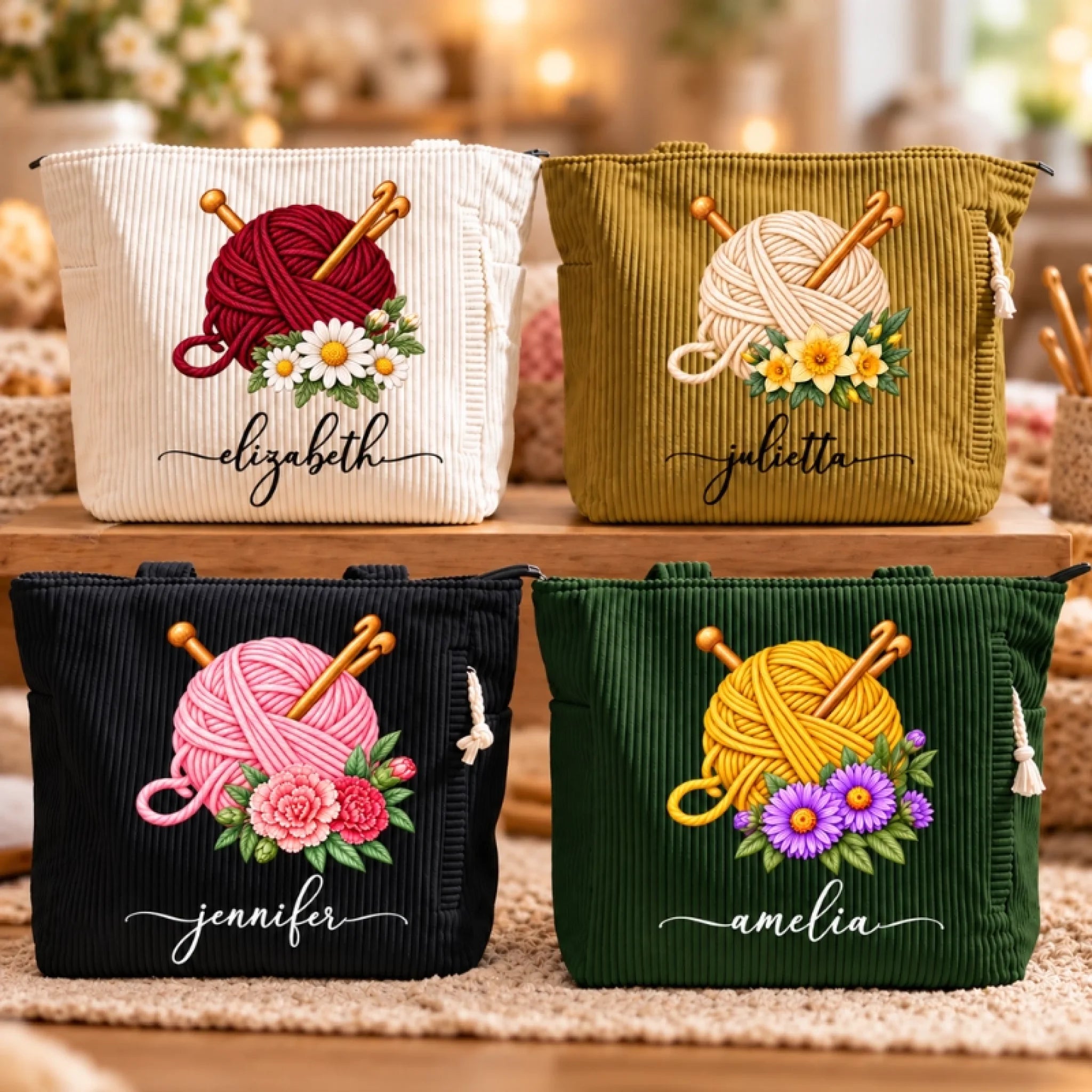 Personalized Yarn Corduroy Tote Bag, Custom Birthday Gift for Crochet and Knitting Lovers