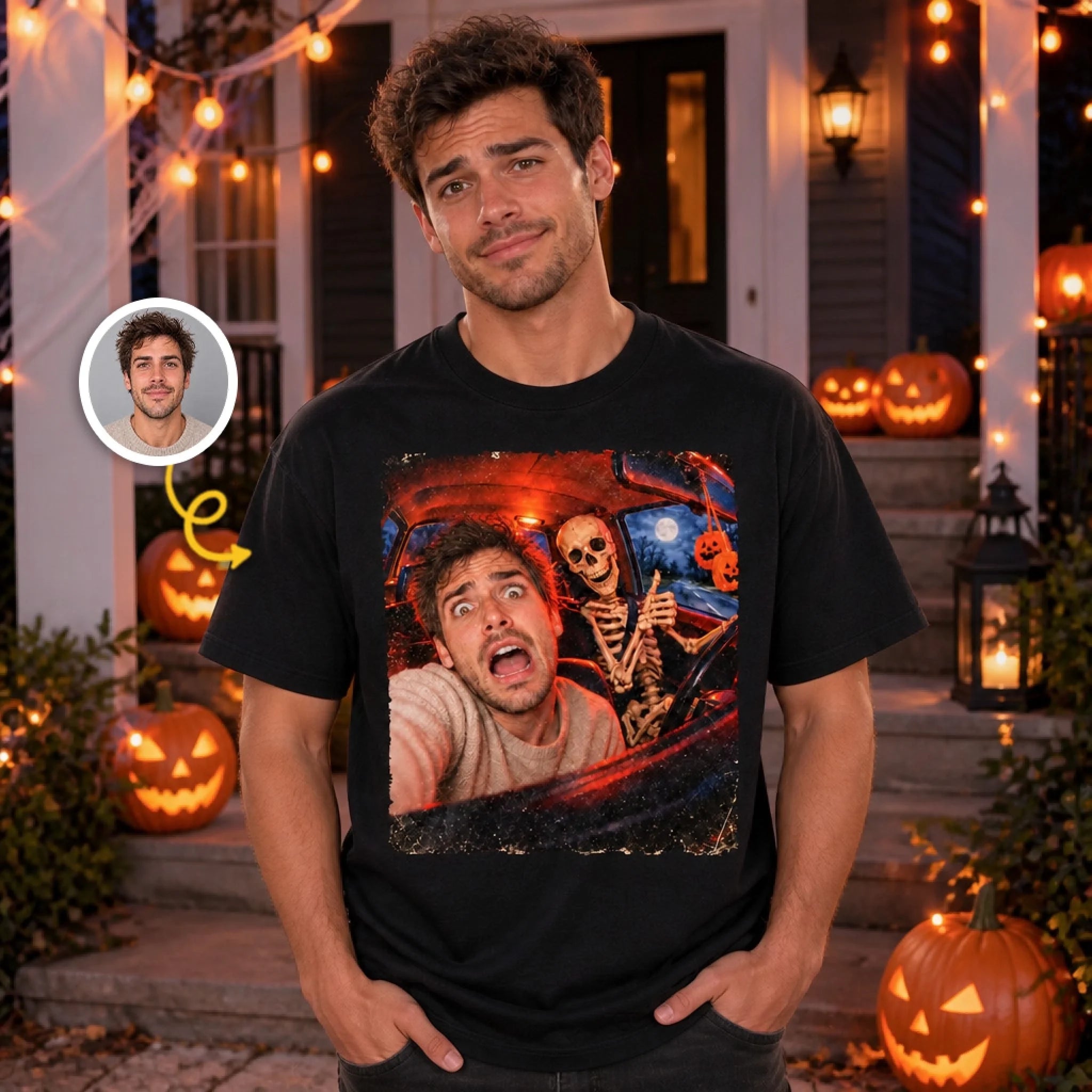 Custom Photo Funny Human Selfie With Skeleton Comfort T-Shirt, Personalized Halloween Birthday Gift