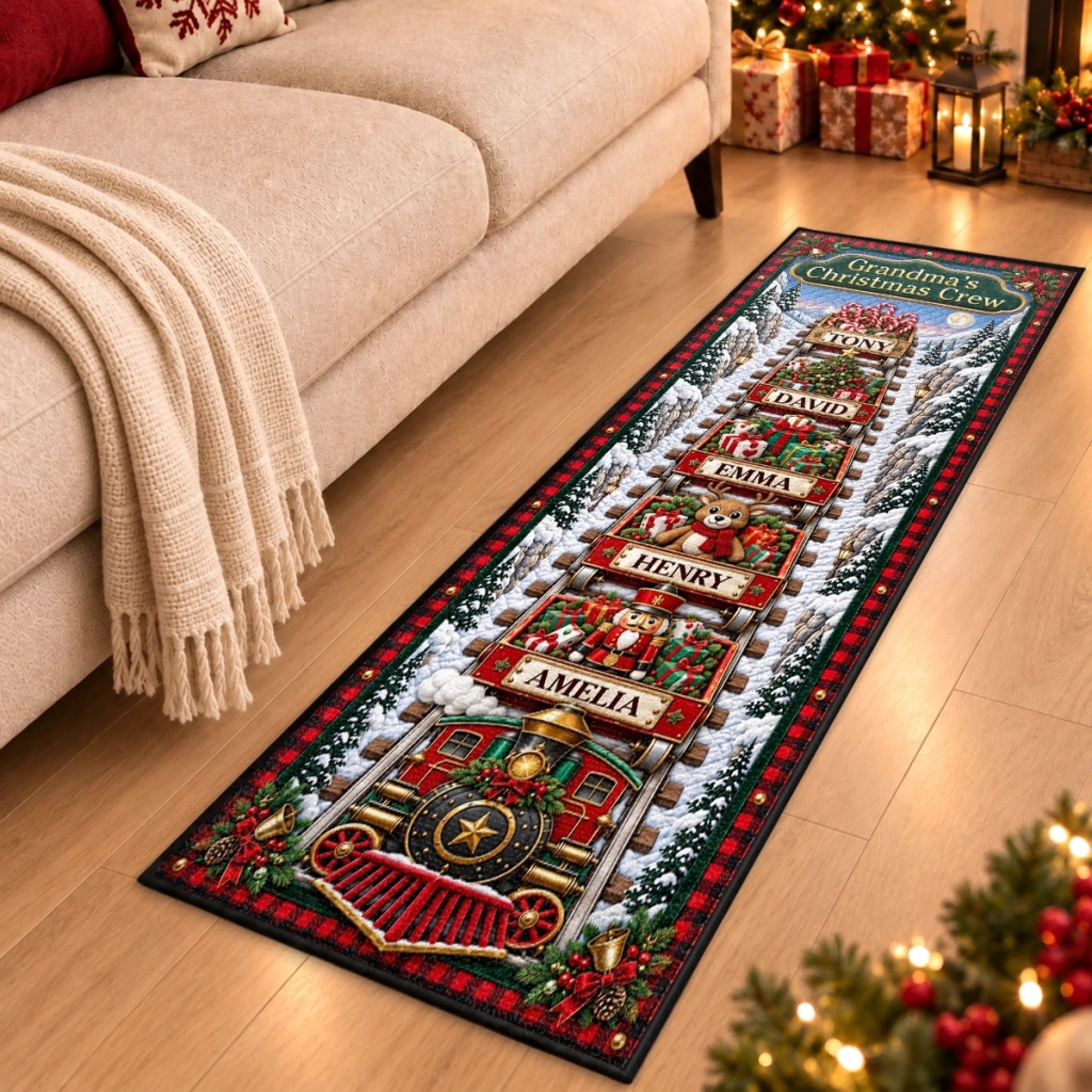 Personalized Christmas Runner Rug for Grandma and Grandpa, Riding Home for Christmas Gift