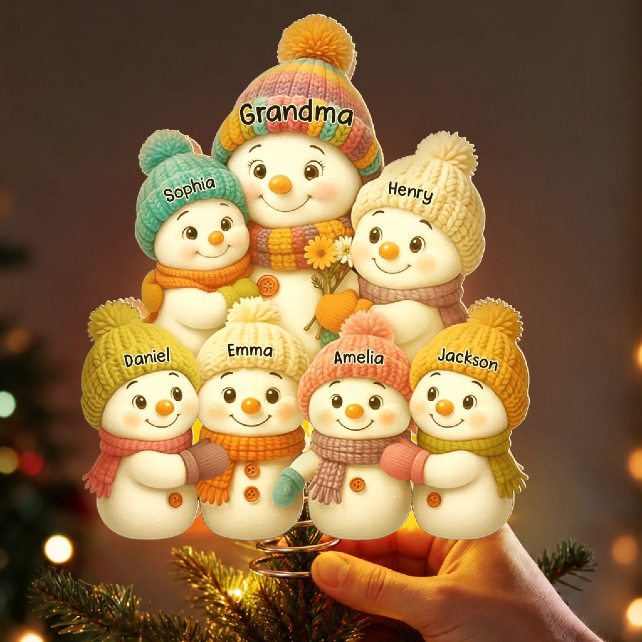 Personalized Snowman LED Christmas Tree Topper, Custom Gift for Mom or Grandma from Grandkids