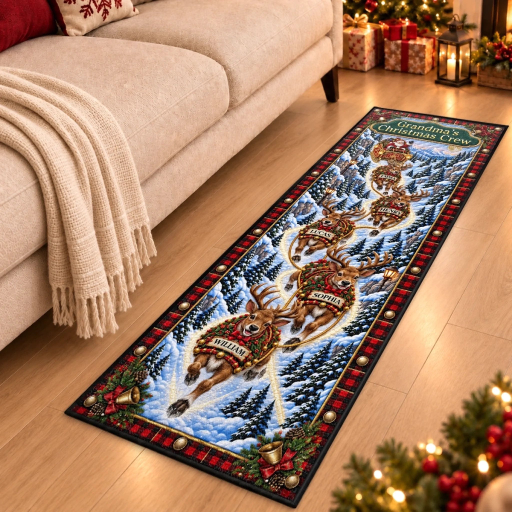 Custom Reindeer Runner Rug, Personalized Christmas Gift for Grandma Grandpa, Homebound for the Holidays