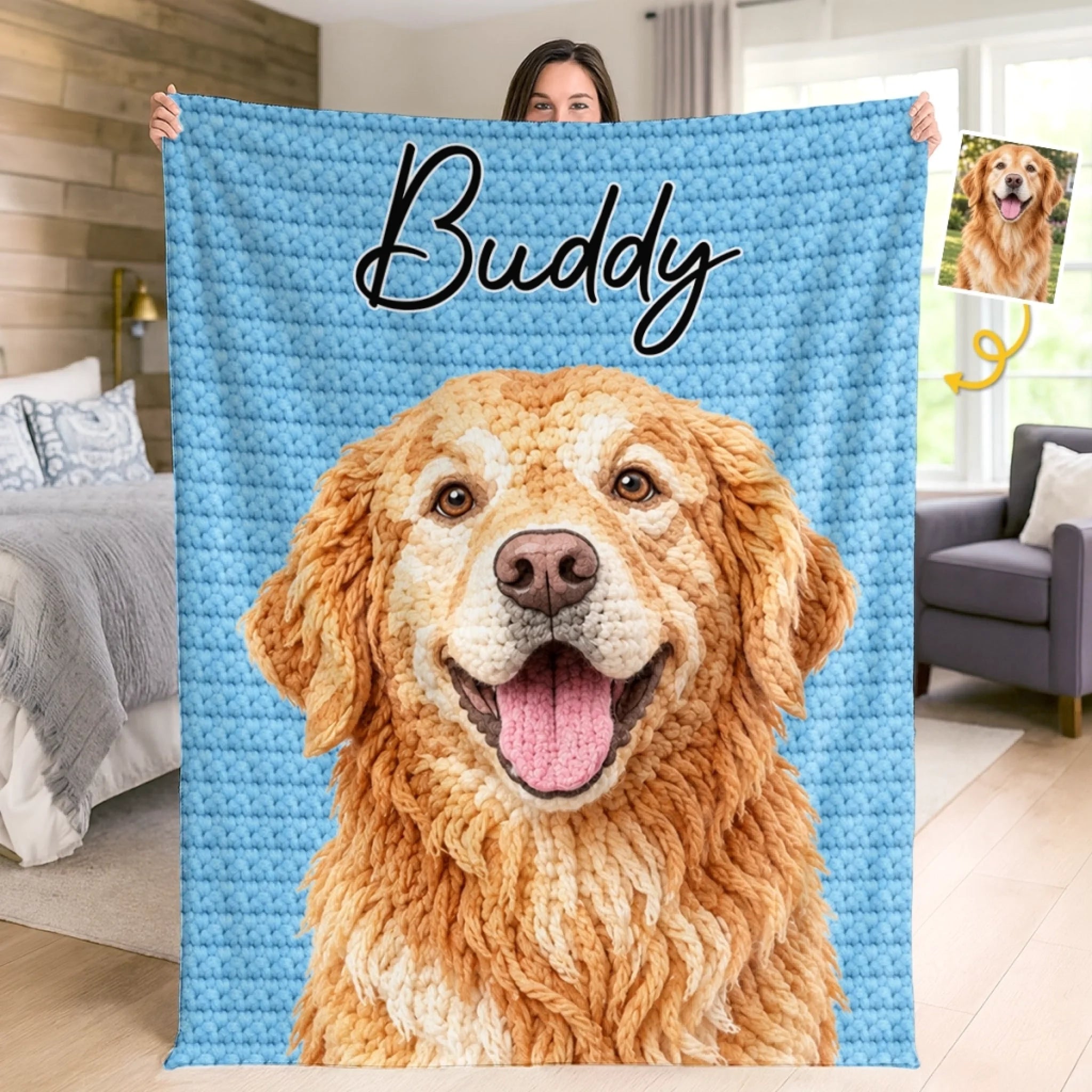 Custom Photo Crochet Effect Blanket, Personalized Pet Birthday Gift for Dog and Cat Lovers