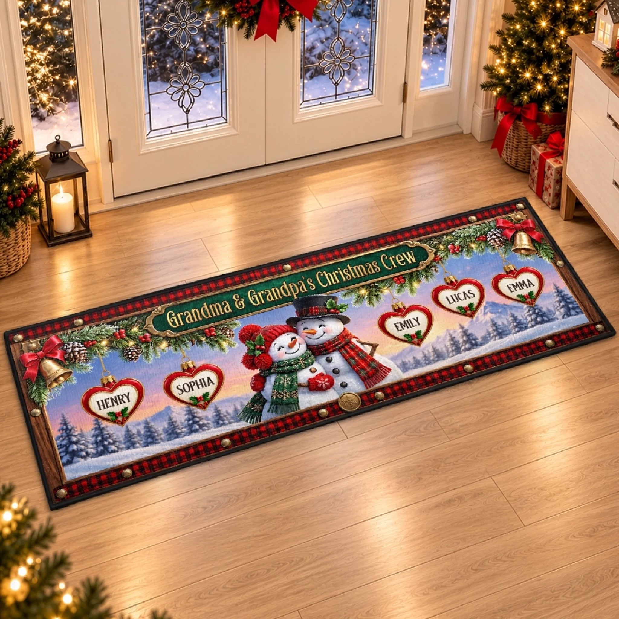 Custom Snowman Runner Rug, Personalized Christmas Crew Gift for Grandma and Grandpa
