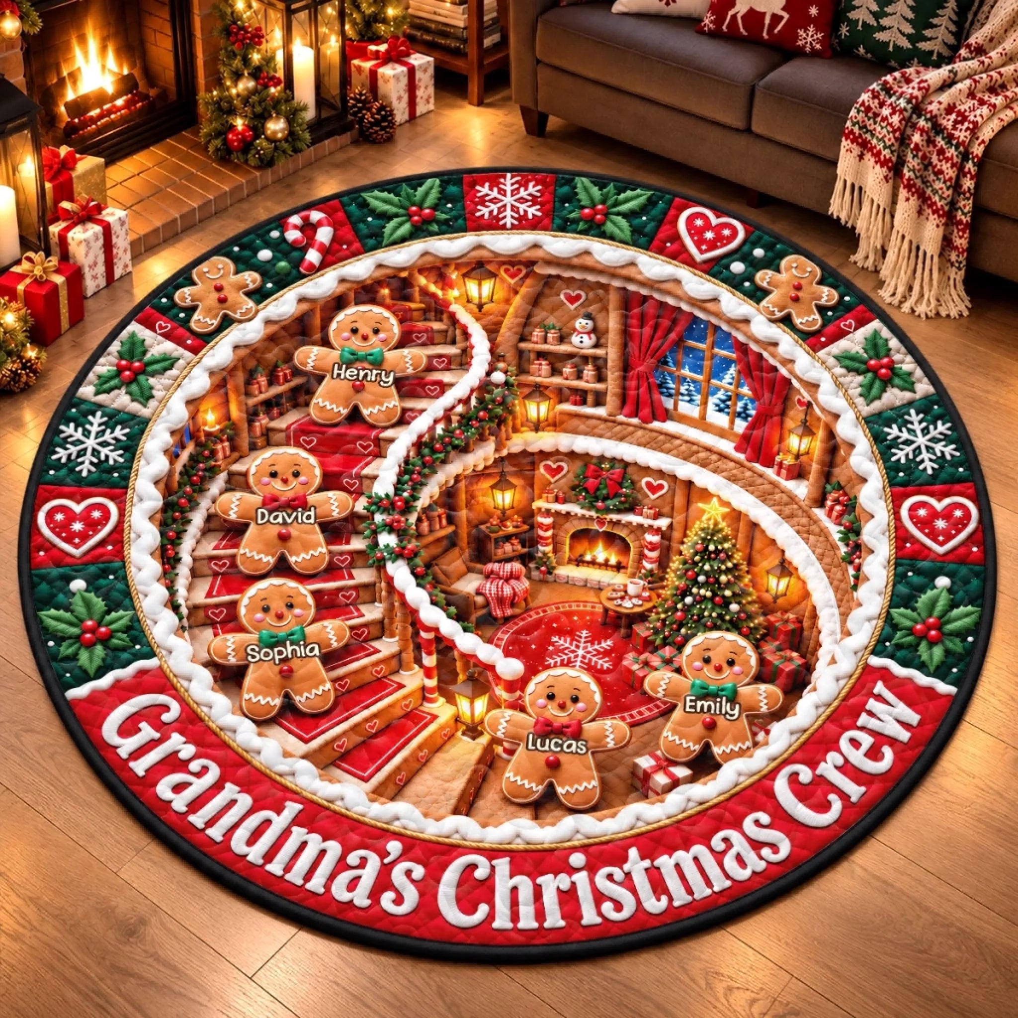 Personalized Family Name Christmas Gingerbread Quilted Round Mat, Custom Holiday Gift