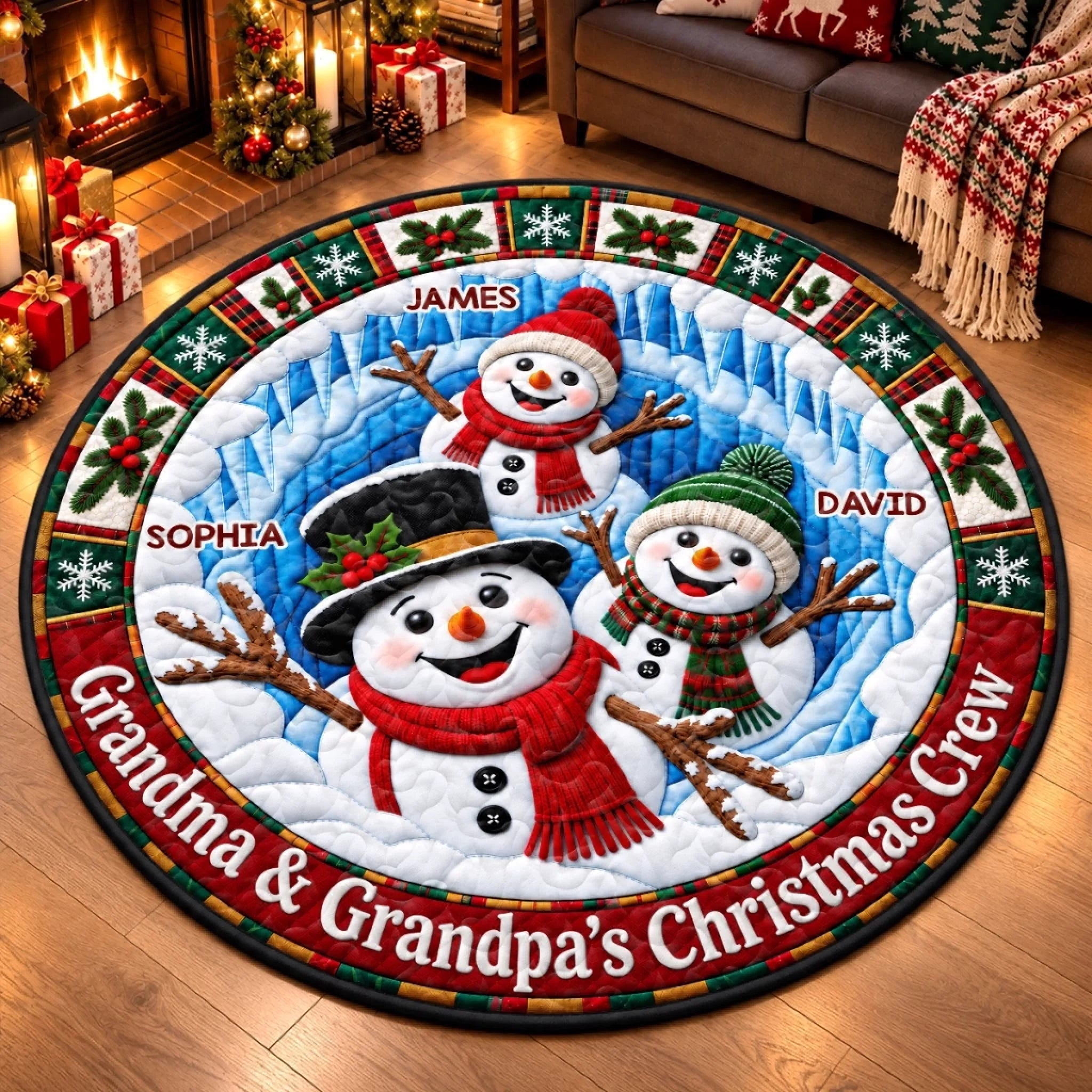 Custom Personalized Family Christmas Snowman Quilted Round Mat, Holiday Home Gift