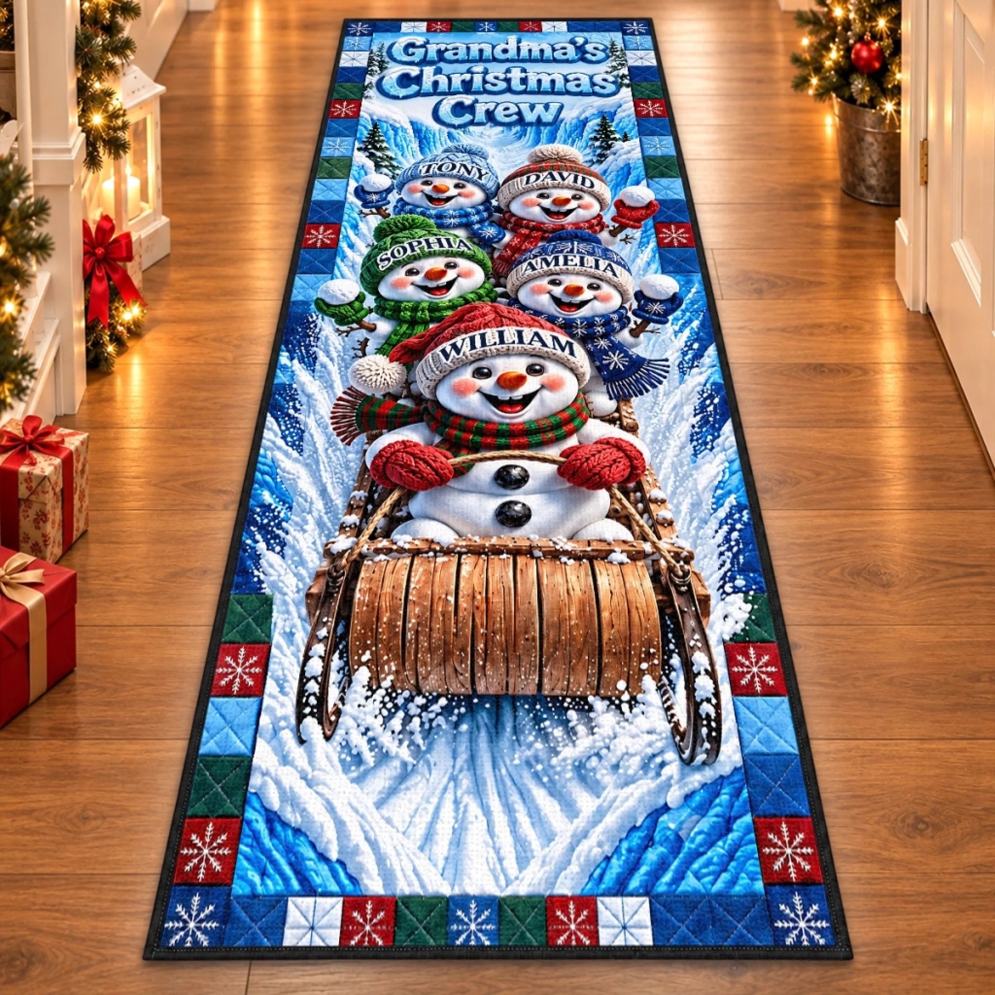 Custom Snowman Runner Rug Personalized Christmas Birthday Gift for Grandma and Grandpa