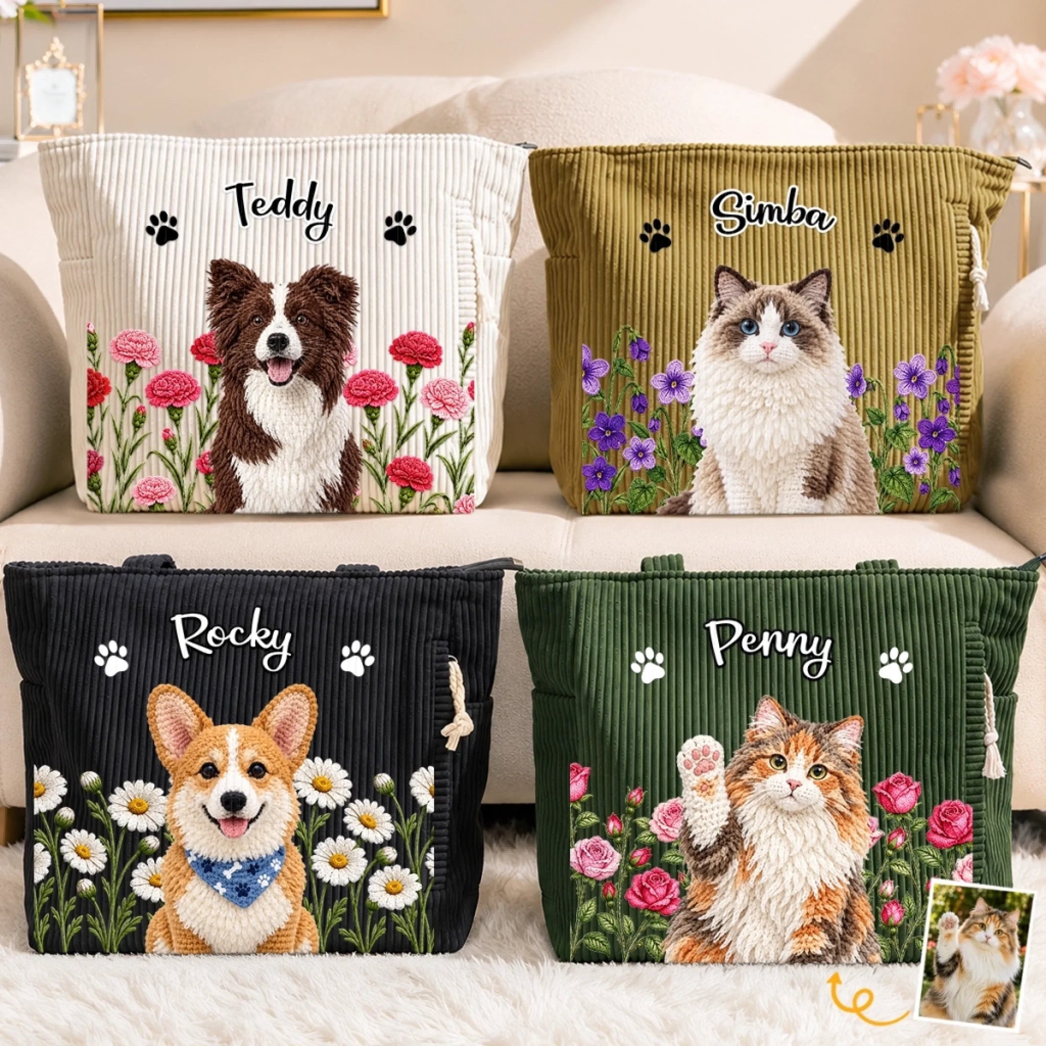 Personalized Corduroy Tote Bag with Custom Pet Photo Portrait, Gift for Pet Lovers