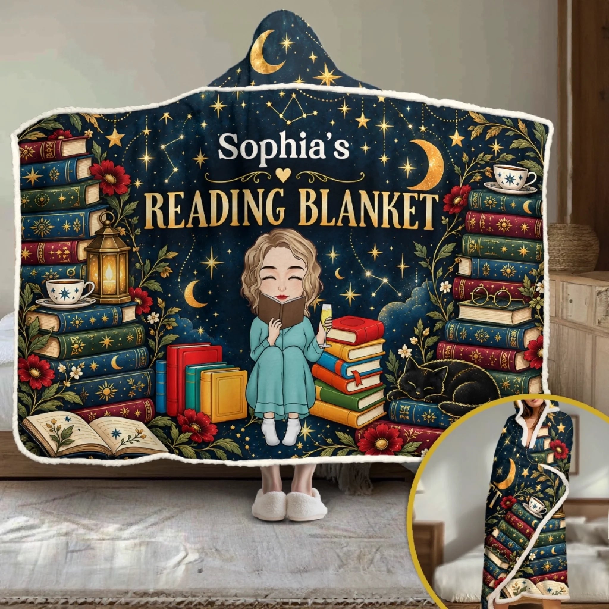 Personalized Celestial Book Lover Snuggle Blanket, Custom Cozy Gift for Women Readers