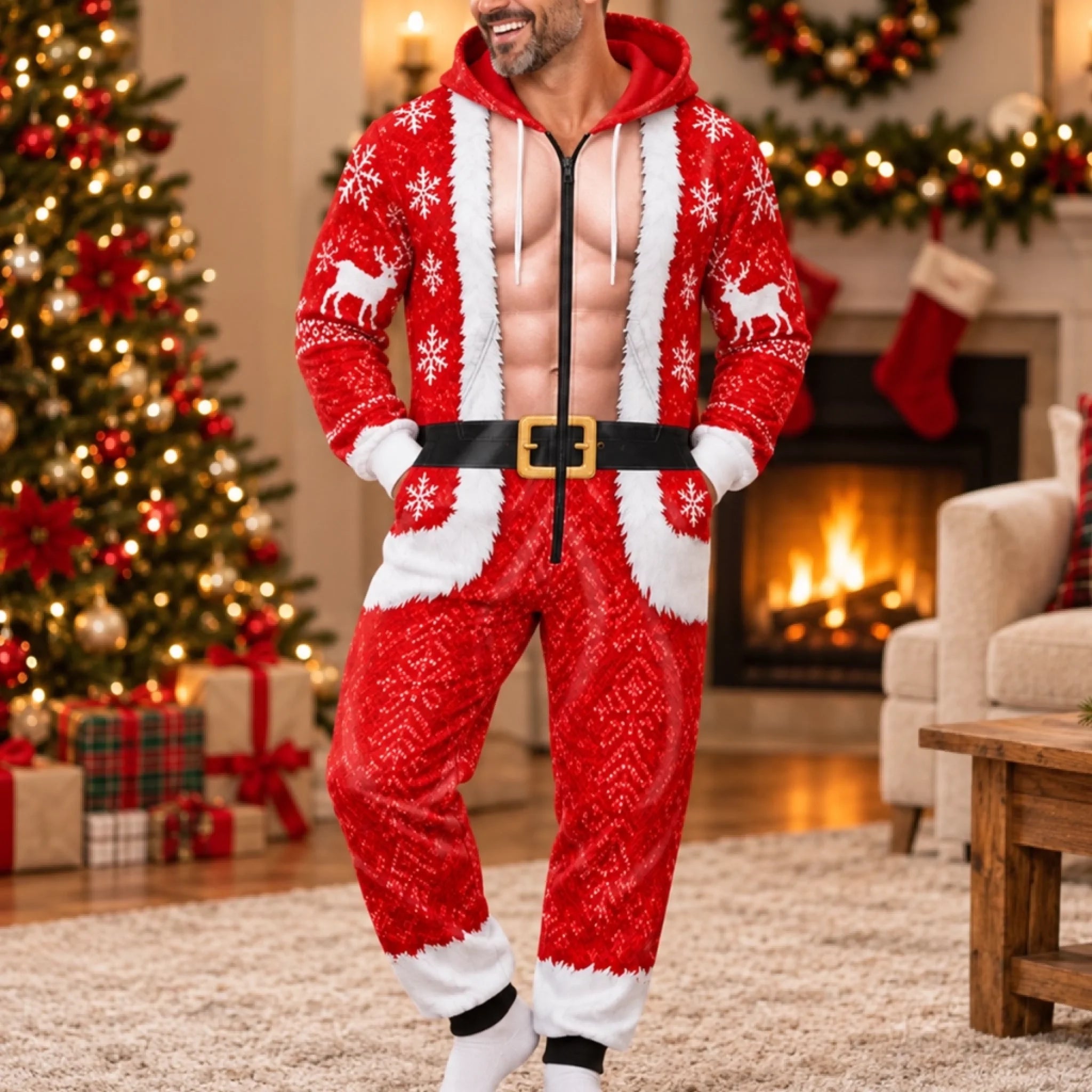 Custom Funny Christmas Santa and Elf Matching Outfit Personalized Adult One-Piece Onesie Gift
