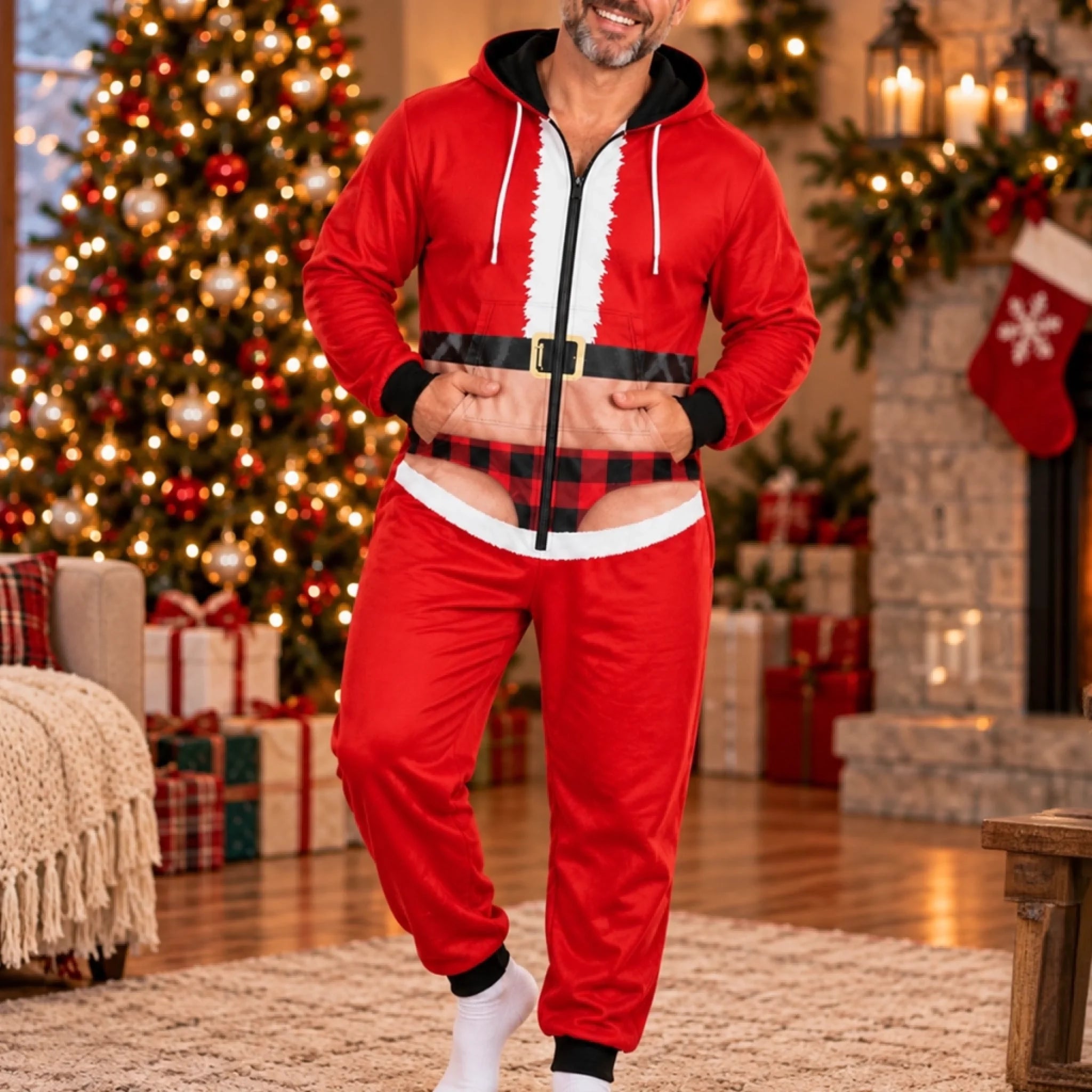 Custom Funny Christmas Santa and Elf Adult Onesie, Personalized Holiday Outfit Gift