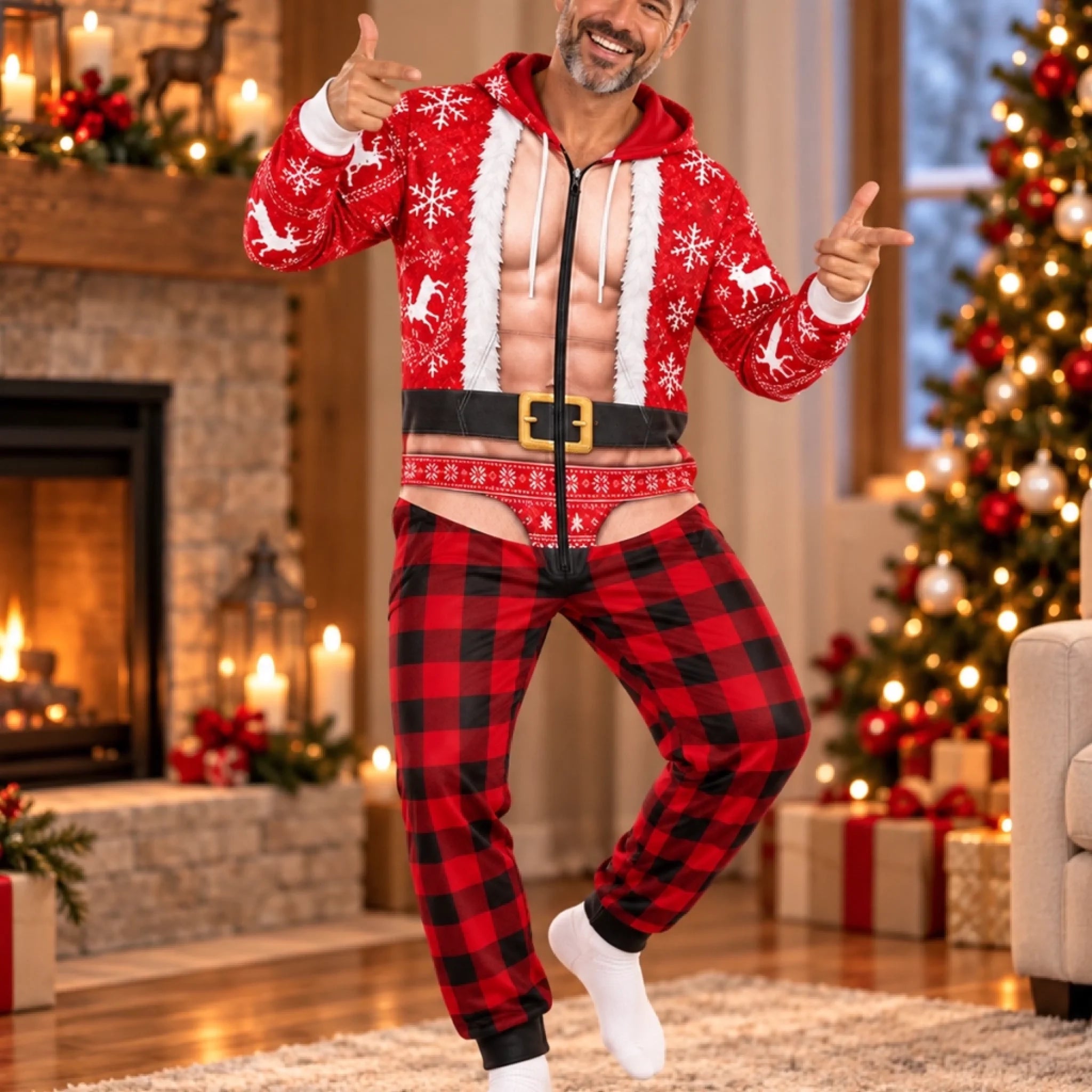 Custom Funny Christmas Santa and Elf Adult Onesie, Personalized Holiday Party Outfit Gift