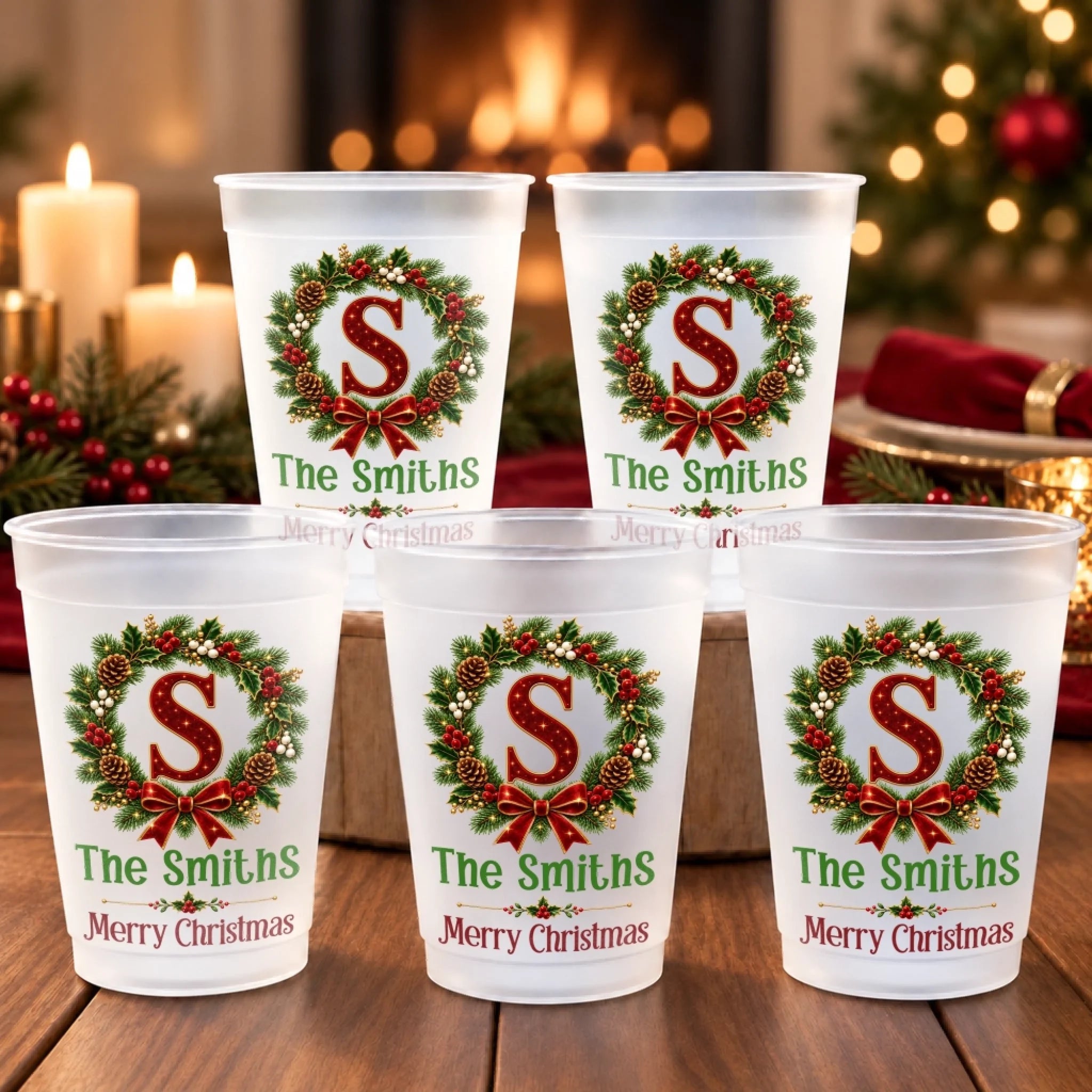Personalized Plastic Cups with Custom Monogram Christmas Wreath, Family Holiday Gift