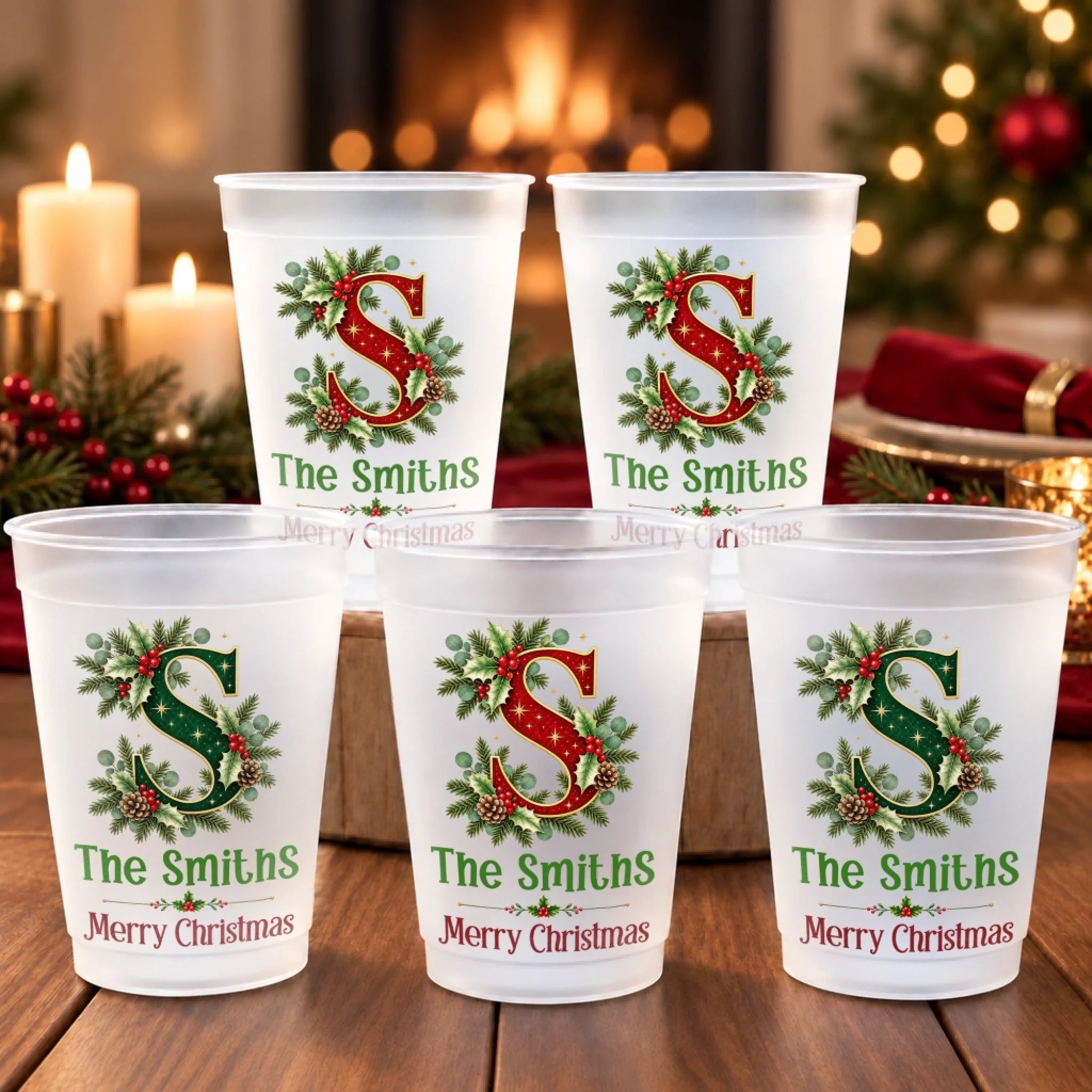 Personalized Christmas Monogram Plastic Cups, Custom Family Holiday Gift Drinkware