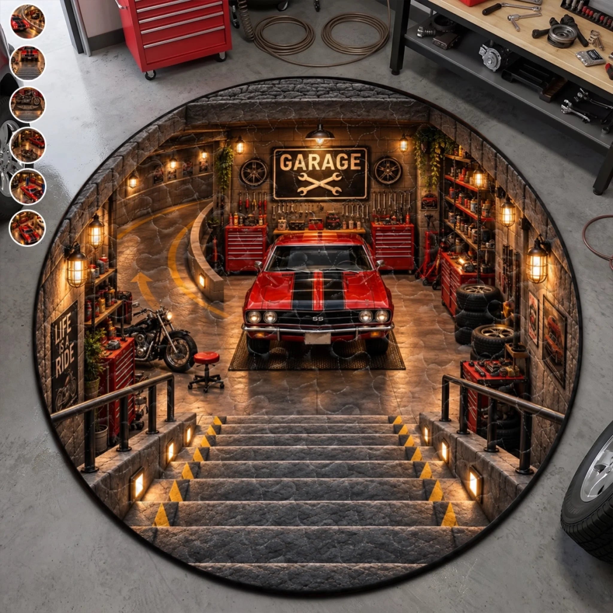Classic Car Garage Decor Quilted Round Mat, Vintage Auto Enthusiast Gift for Home or Shop