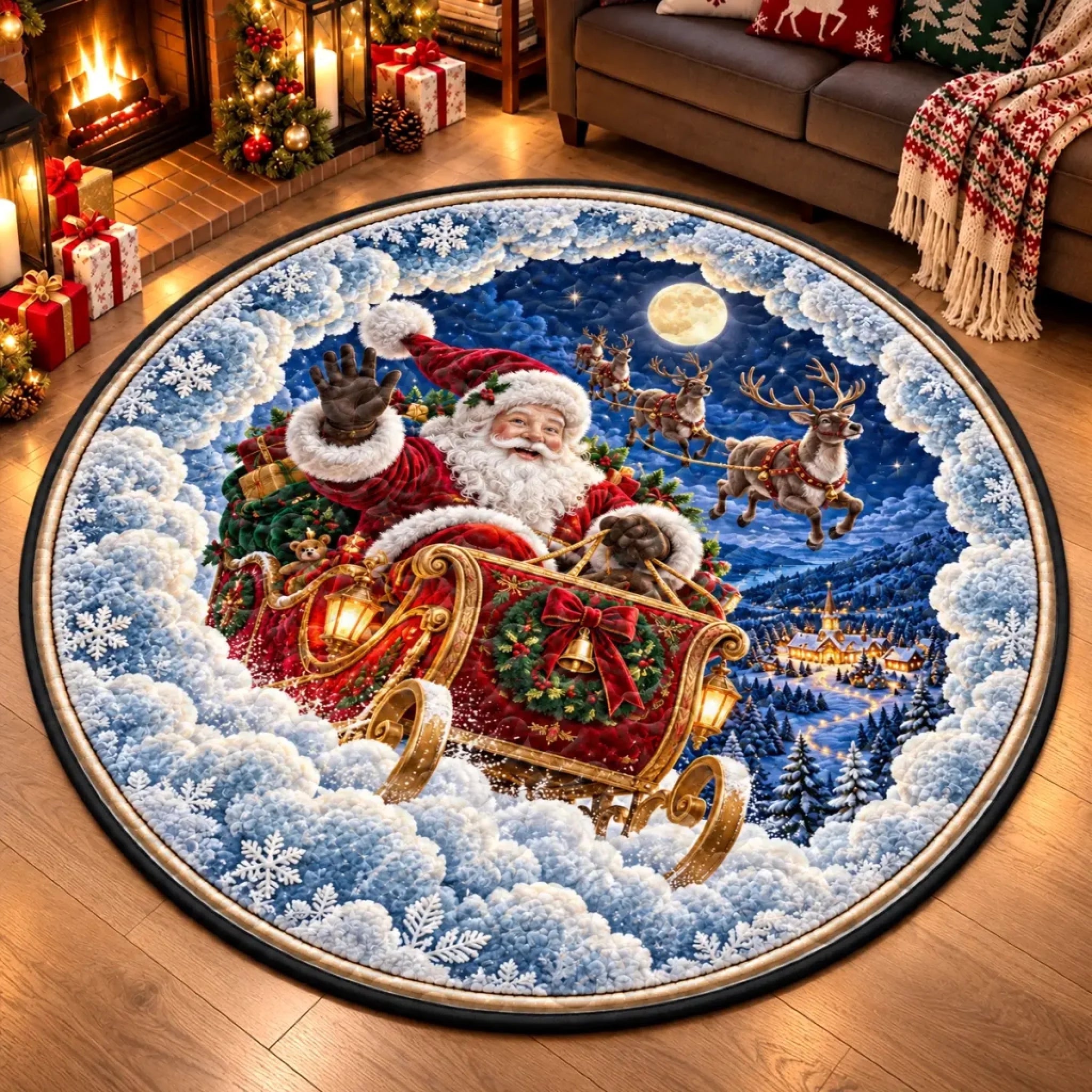 Personalized Santa Sleigh Christmas Decor Quilted Round Mat, Custom Holiday Gift