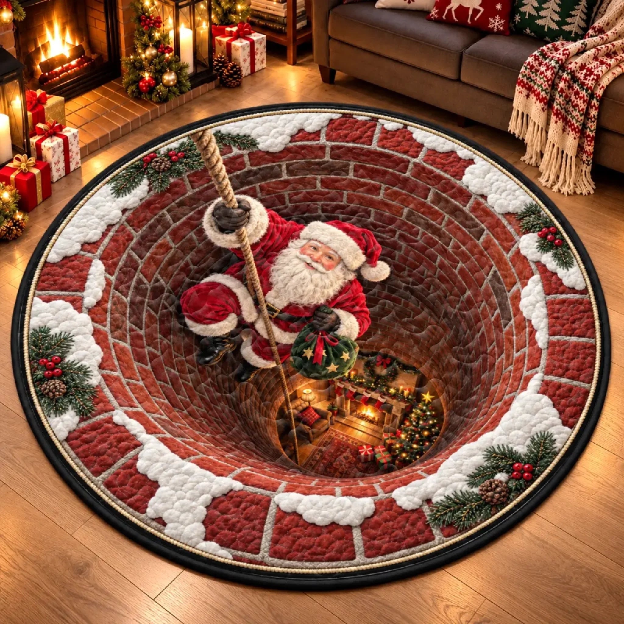 Personalized Santa Christmas Quilted Round Mat, Custom Holiday Decor Gift for Home