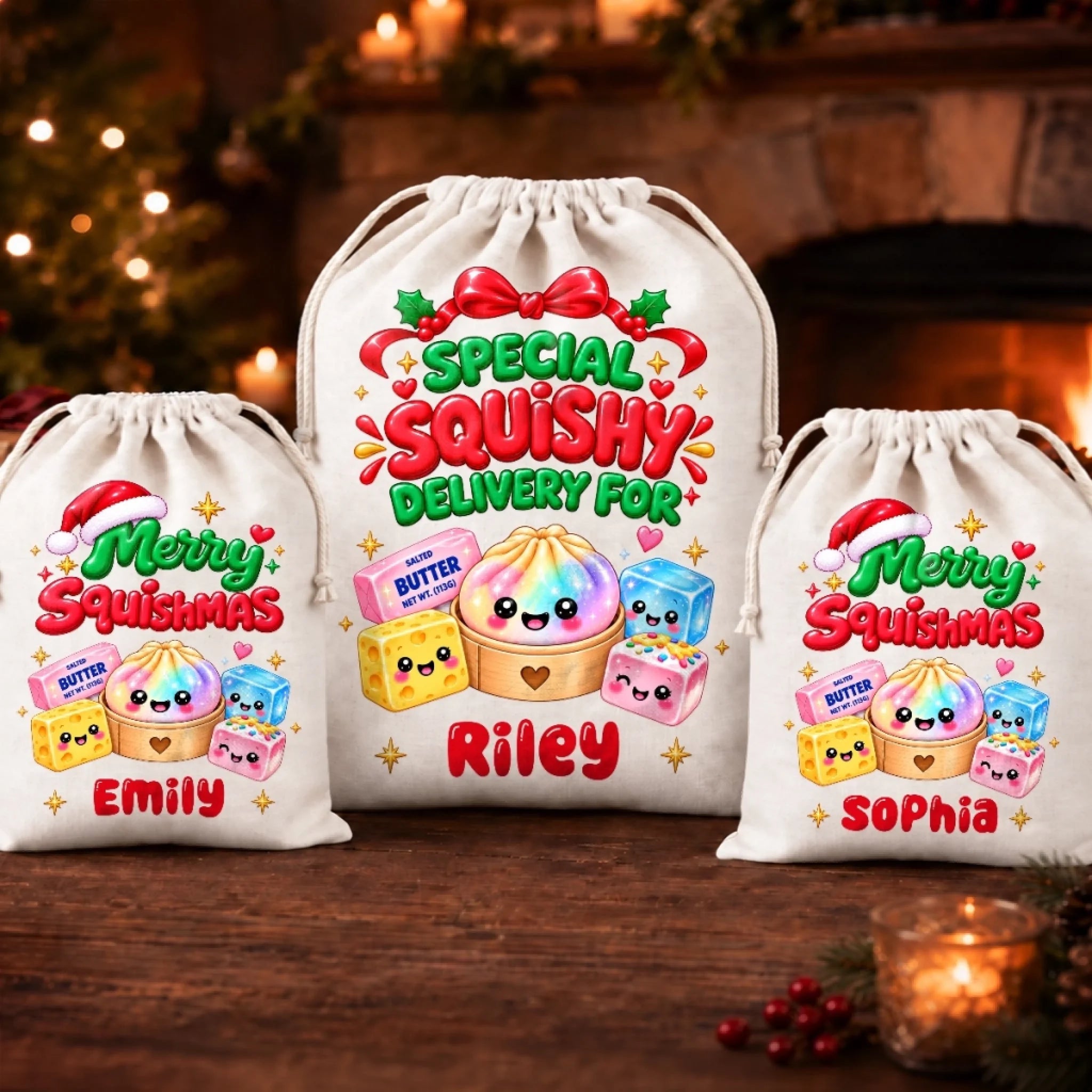 Custom Dumpling Squishy Merry Squishmas Drawstring Gift Bag, Personalized Christmas Gift for Kids