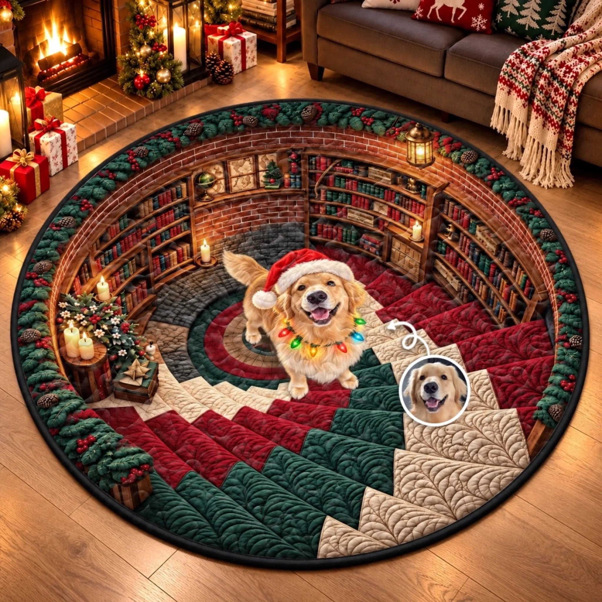 Custom Photo Christmas Dog Quilted Round Mat, Personalized Pet Holiday Decor Gift