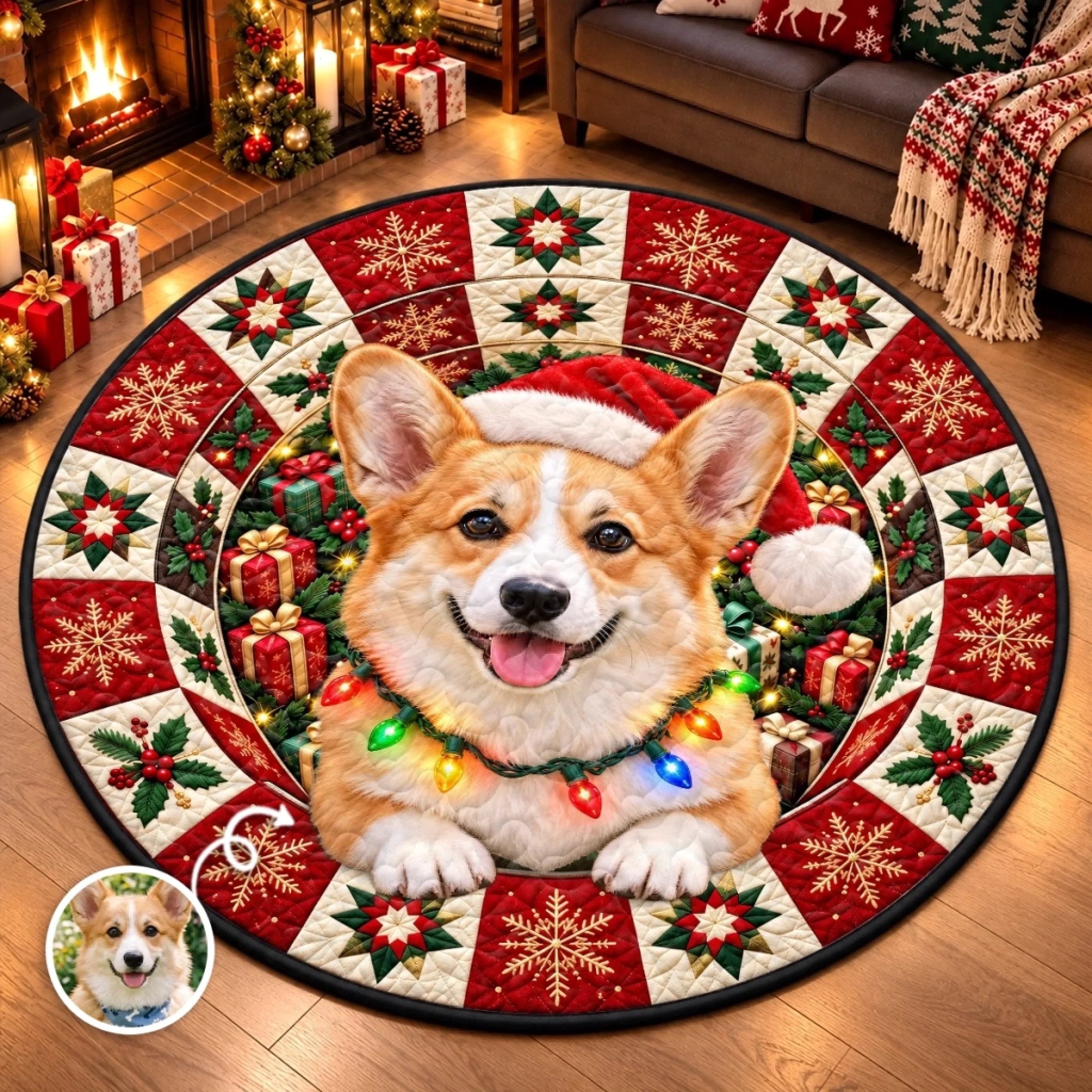 Custom Dog Photo Christmas Decor Personalized Quilted Round Mat Gift for Pet Lovers