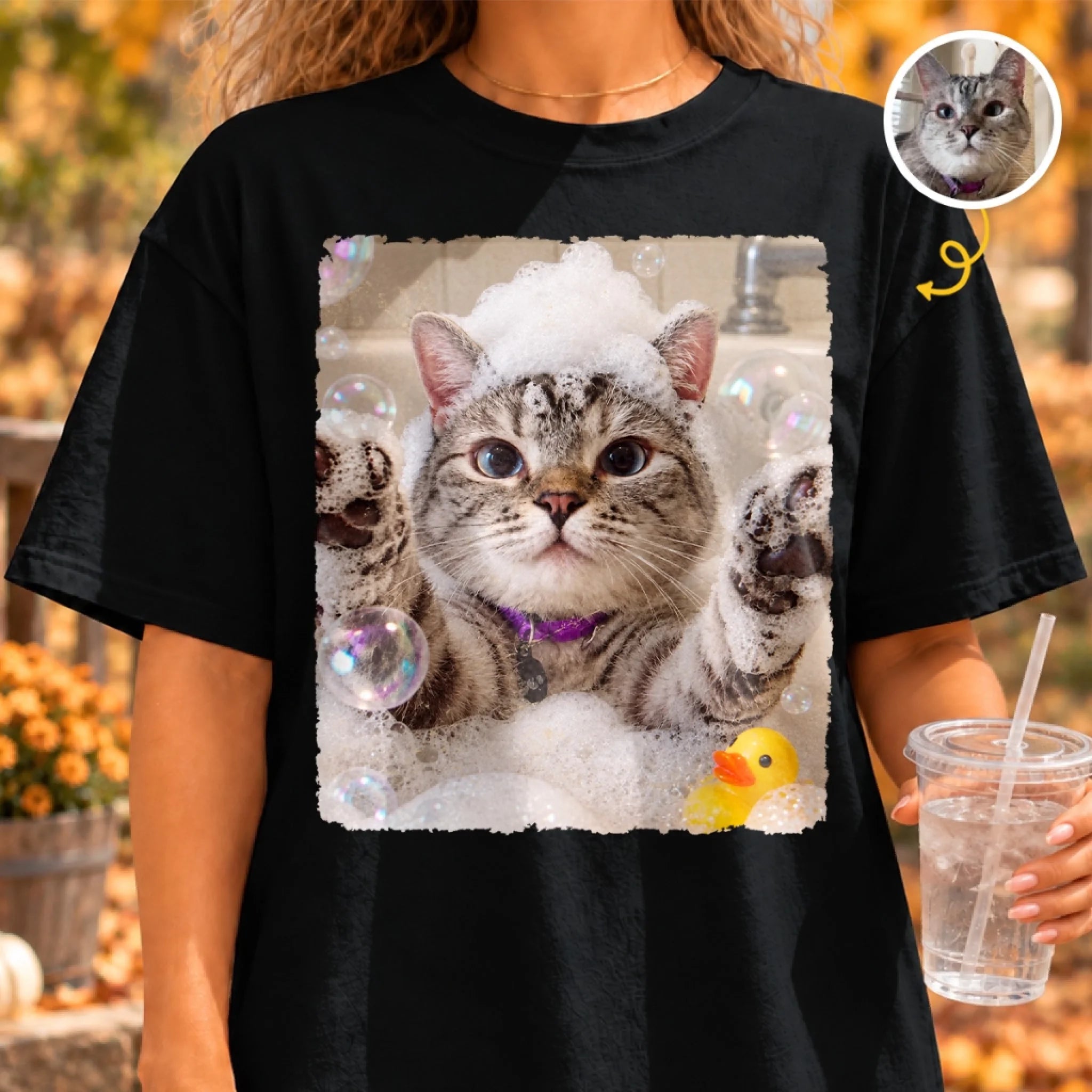 Custom Photo Bubble Bath Cat Personalized Comfort T-Shirt, Cat Lover Gift