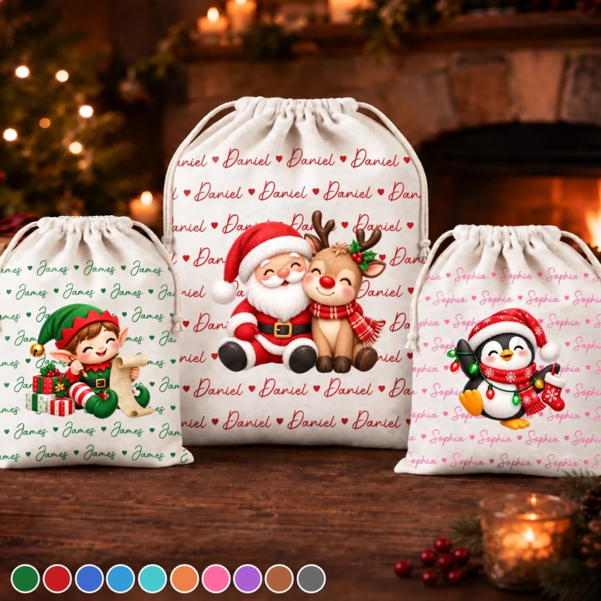 Personalized Christmas Character and Name Drawstring Gift Bag for Holiday Presents