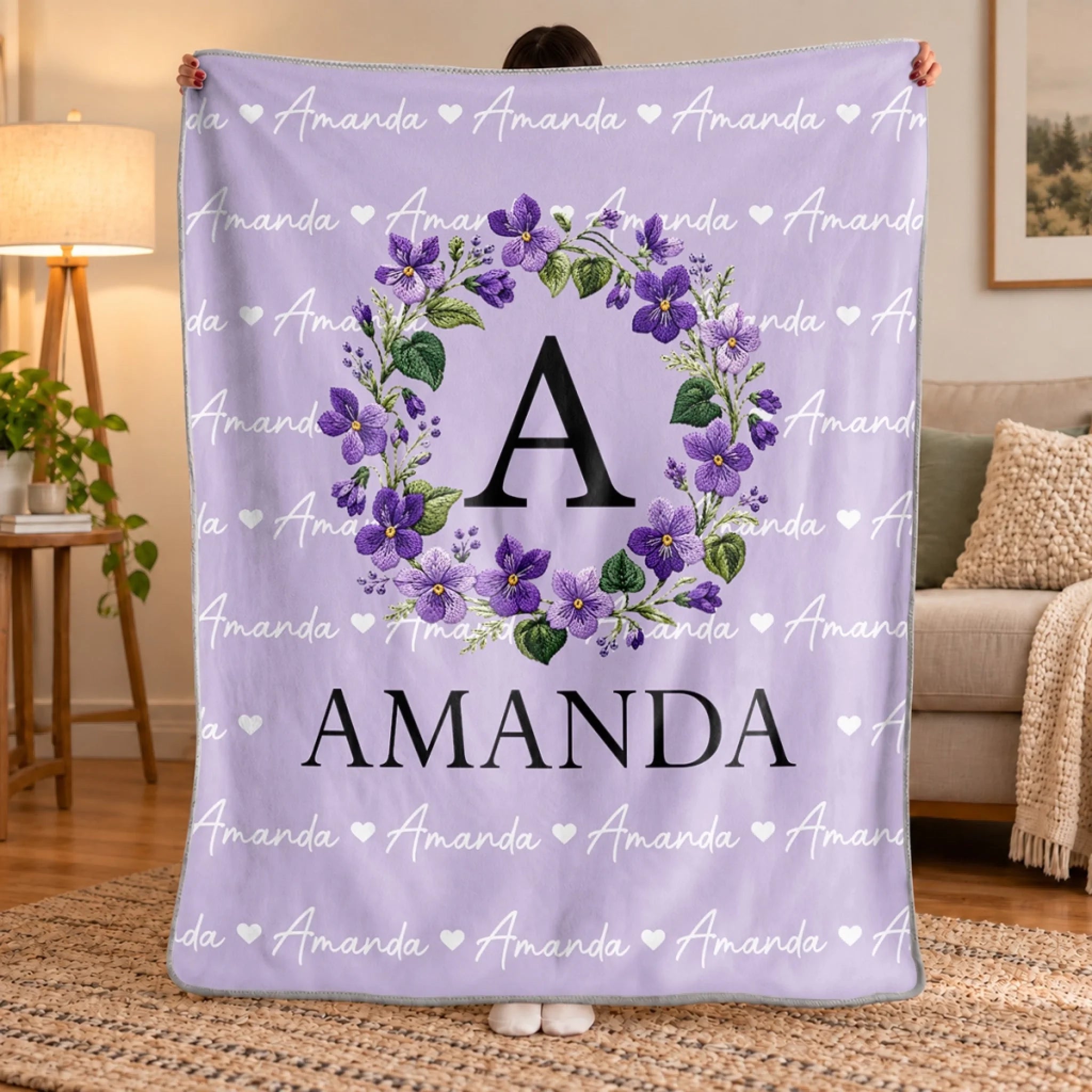 Personalized Floral Monogram Name Blanket, Custom Cozy Gift for Her, Birthday or Holiday