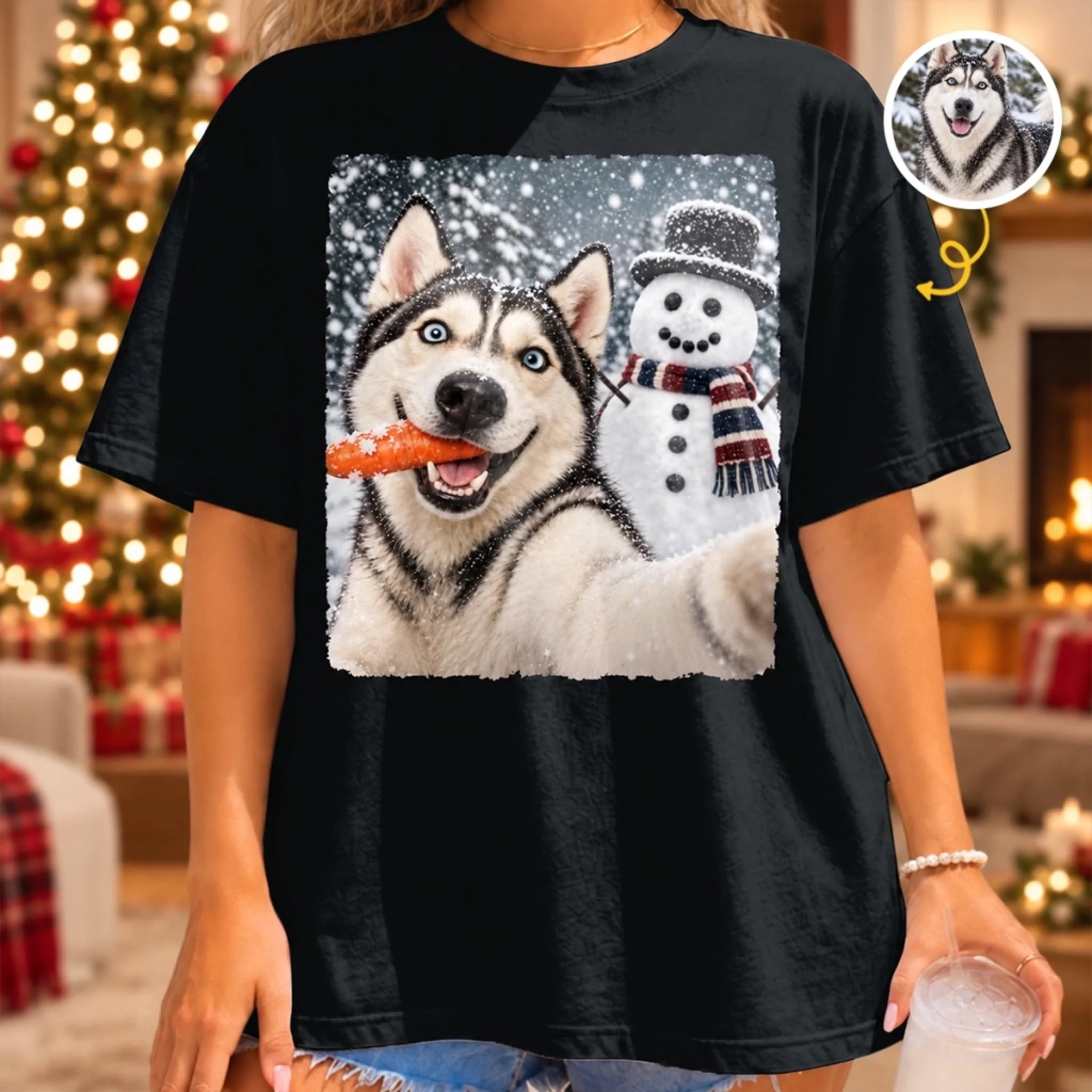 Custom Photo Funny Dog Christmas Selfie Personalized Comfort T-Shirt Gift