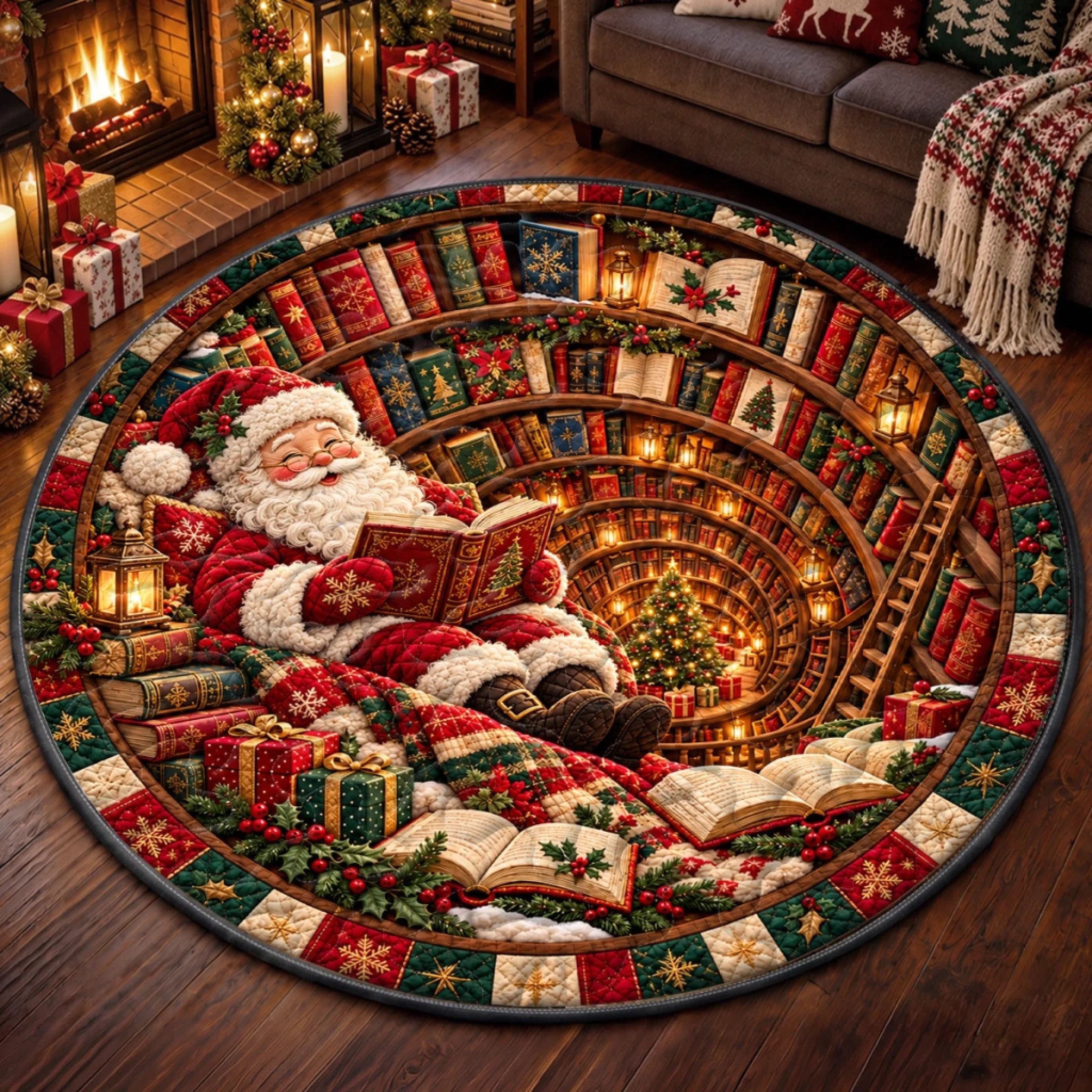 Custom Santa Christmas Decor Personalized Quilted Round Mat Gift for Book Lovers