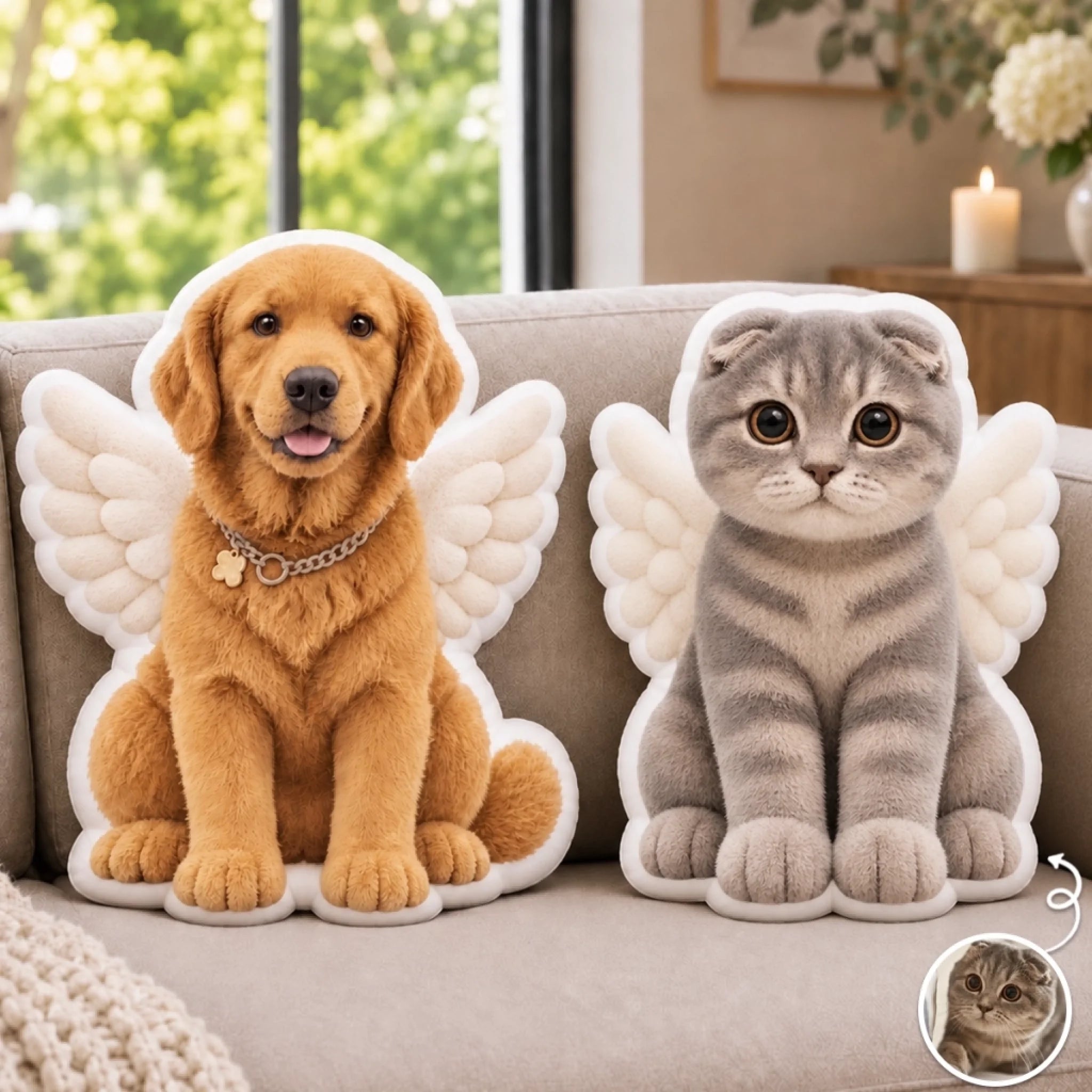 Custom Pet Photo Angel Shaped Pillow, Personalized Memorial Gift for Animal Lovers