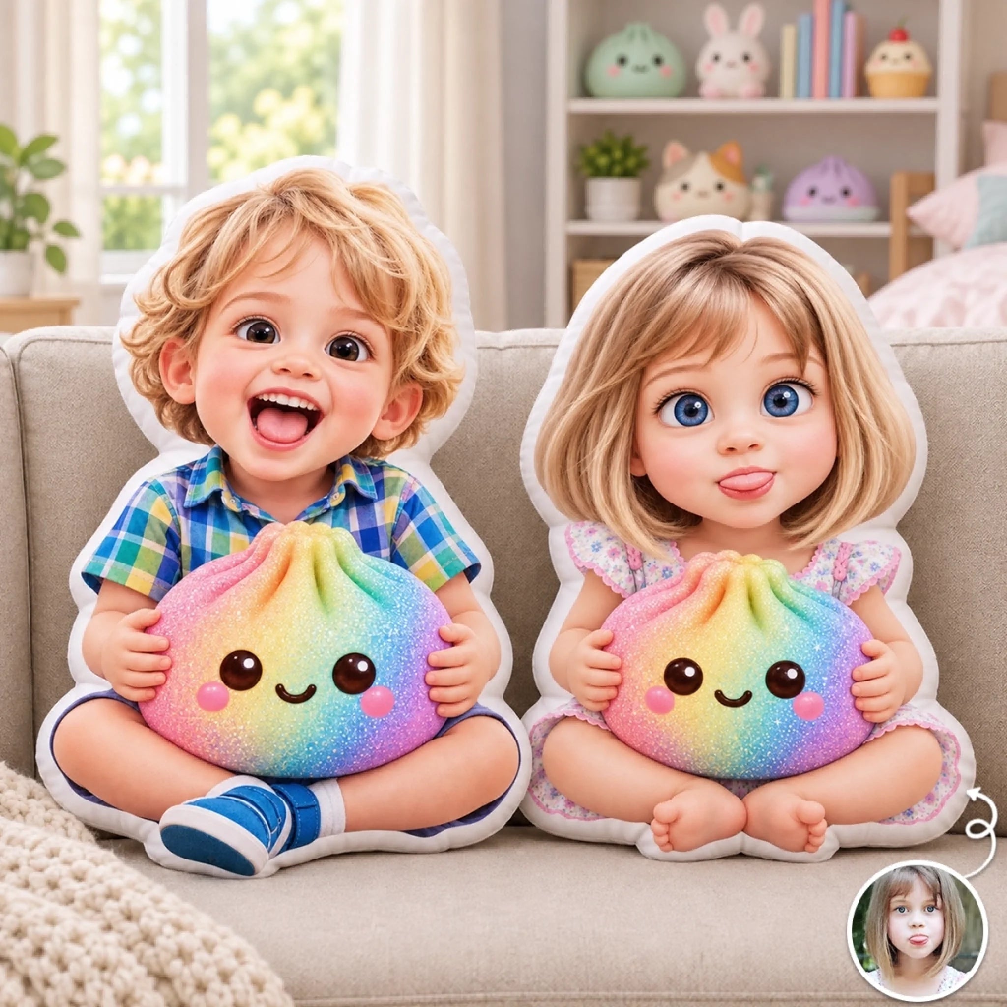 Custom Photo Rainbow Squishy Shaped Pillow, Personalized Rainbow Gift for Kids