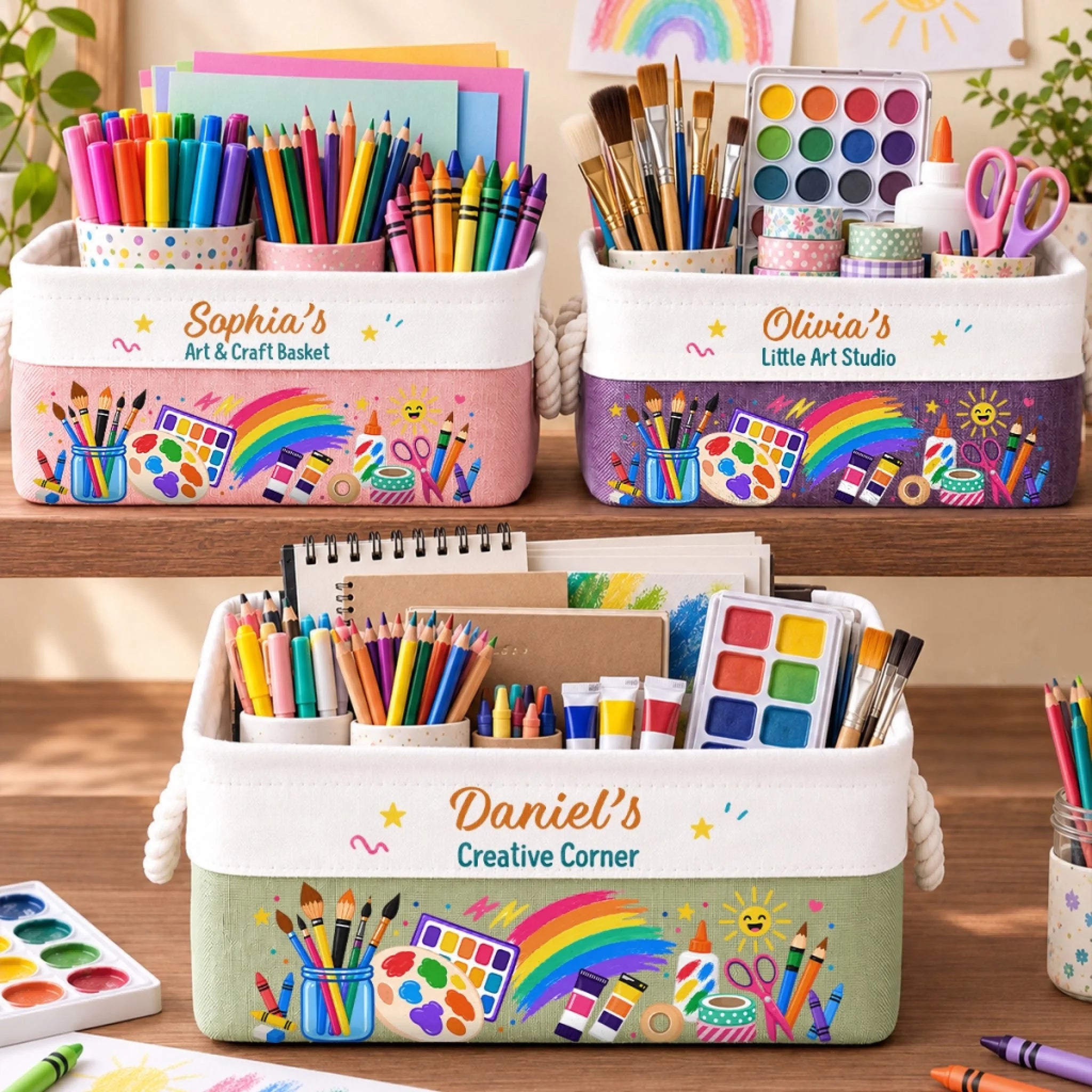 Personalized Kids Storage Basket with Custom Name Art Studio Design, Gift for Children