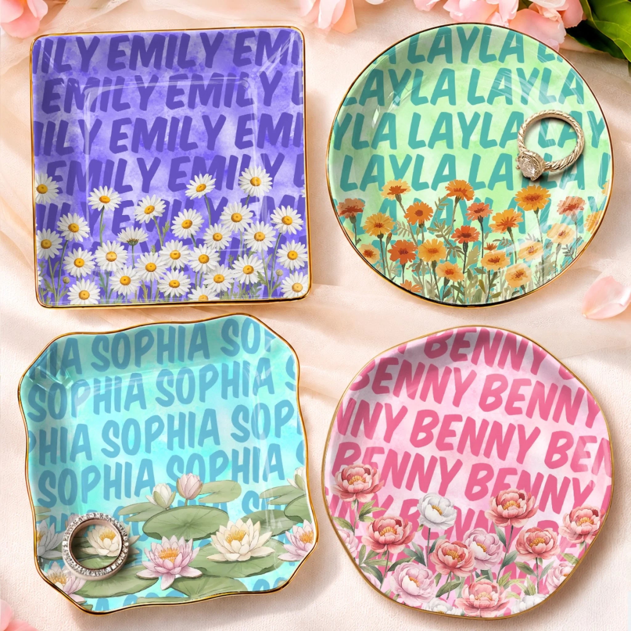 Custom Name Floral Jewelry Dish for Women, Personalized Trinket Tray Gift
