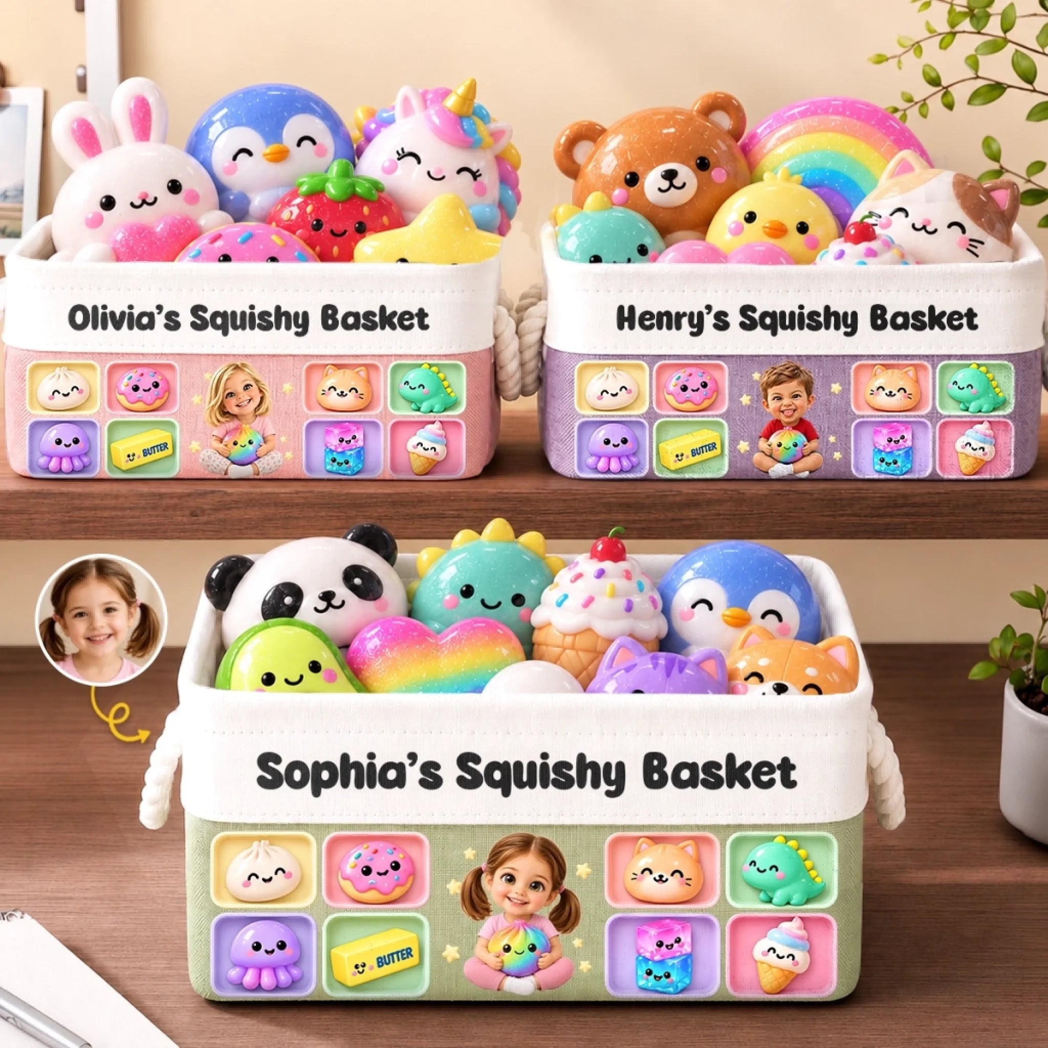 Custom Photo Squishy Storage Basket for Kids, Personalized Gift Organizer Bin
