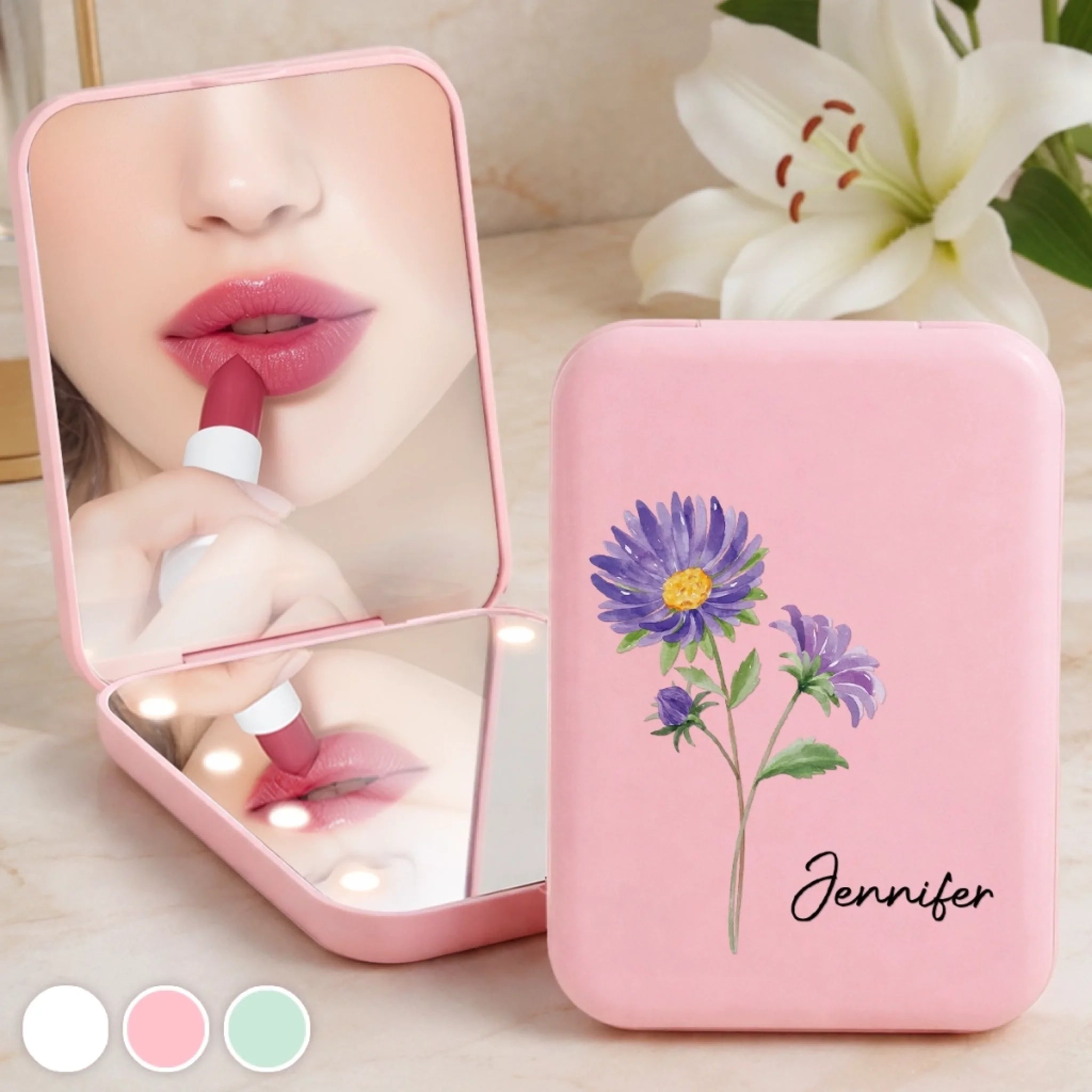 Custom Name Floral Compact Makeup Mirror, Personalized Gift for Women