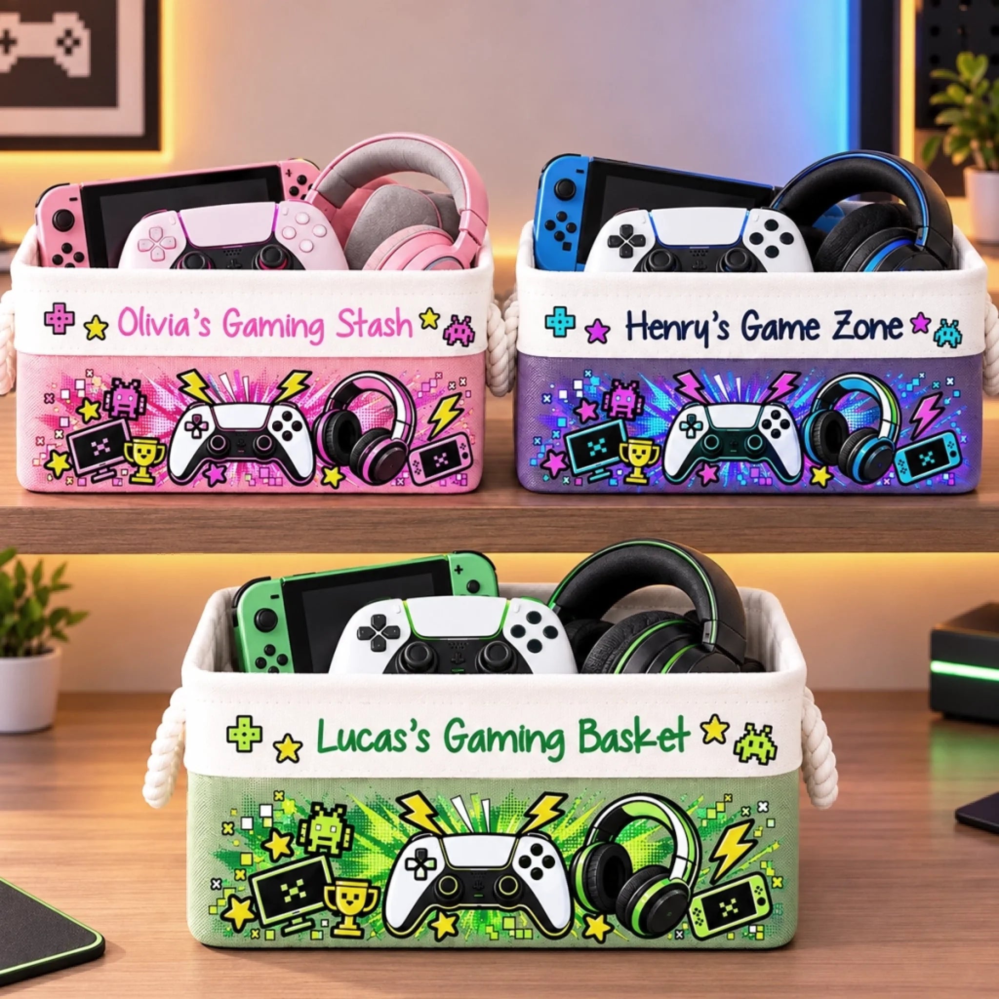 Custom Name Gaming Storage Basket, Personalized Gamer Gift for Toy, Cable and Room Organization