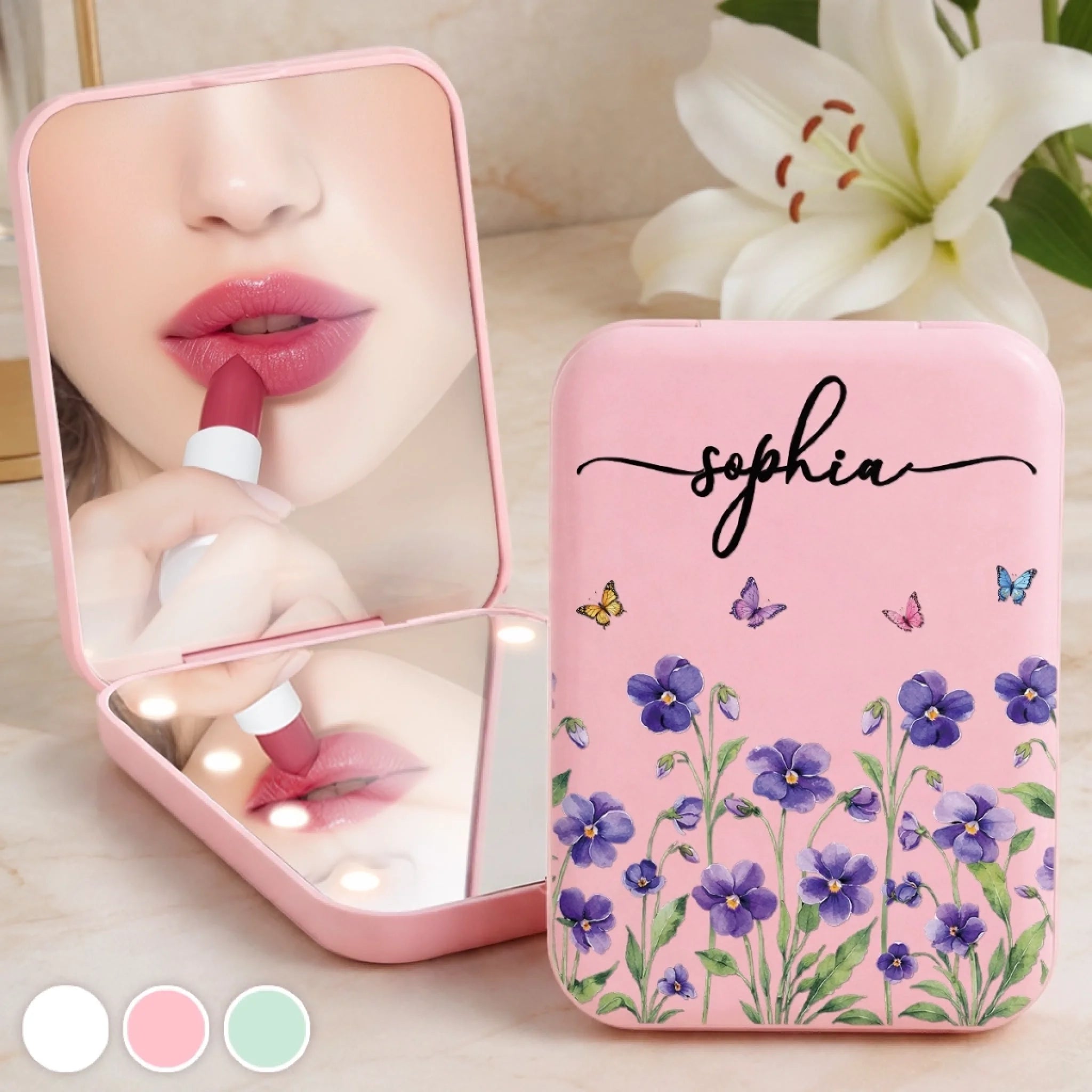 Custom Name Floral Butterfly Personalized Compact Makeup Mirror Gift for Women