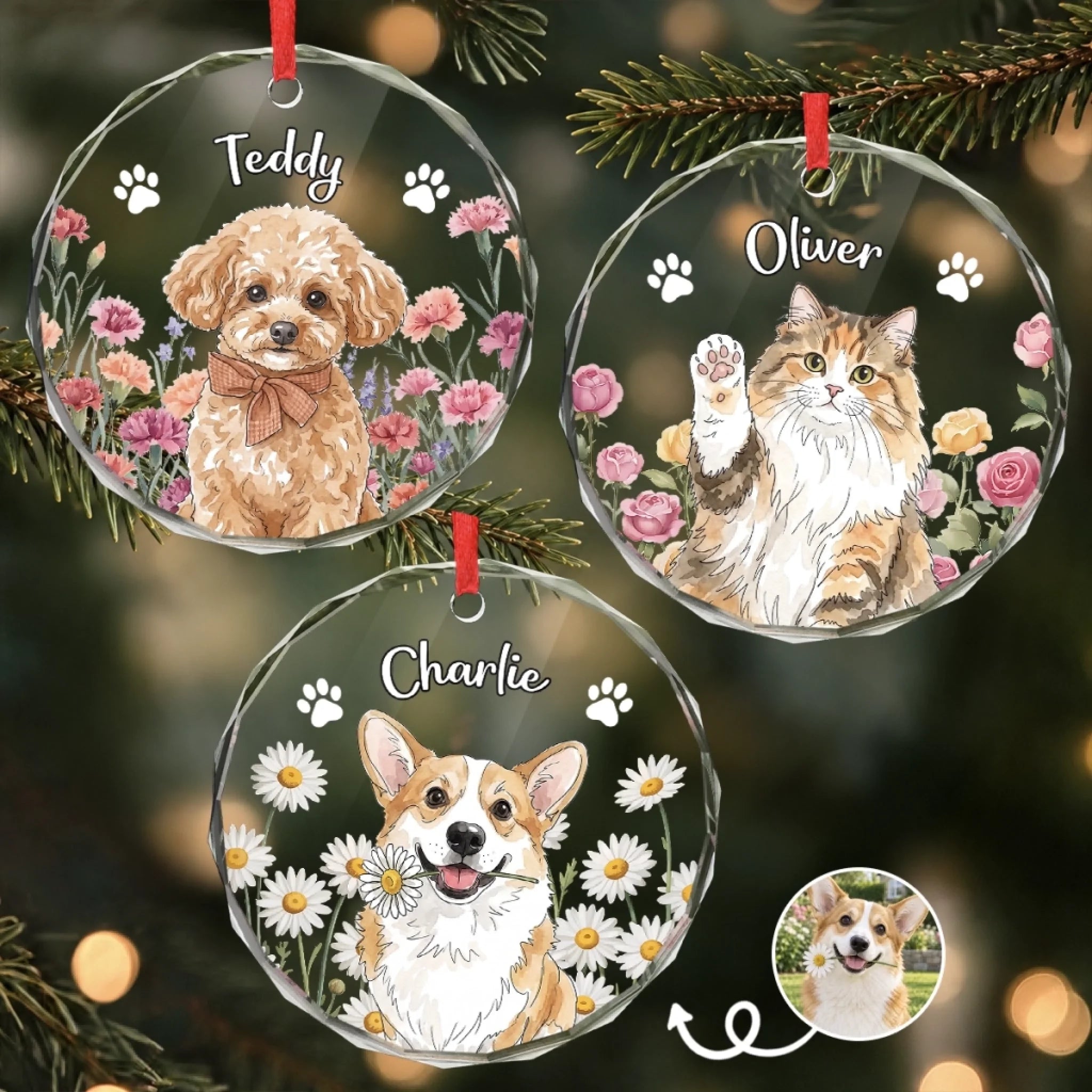 Custom Pet Photo Glass Ornament, Personalized Christmas Gift for Dog and Cat Lovers