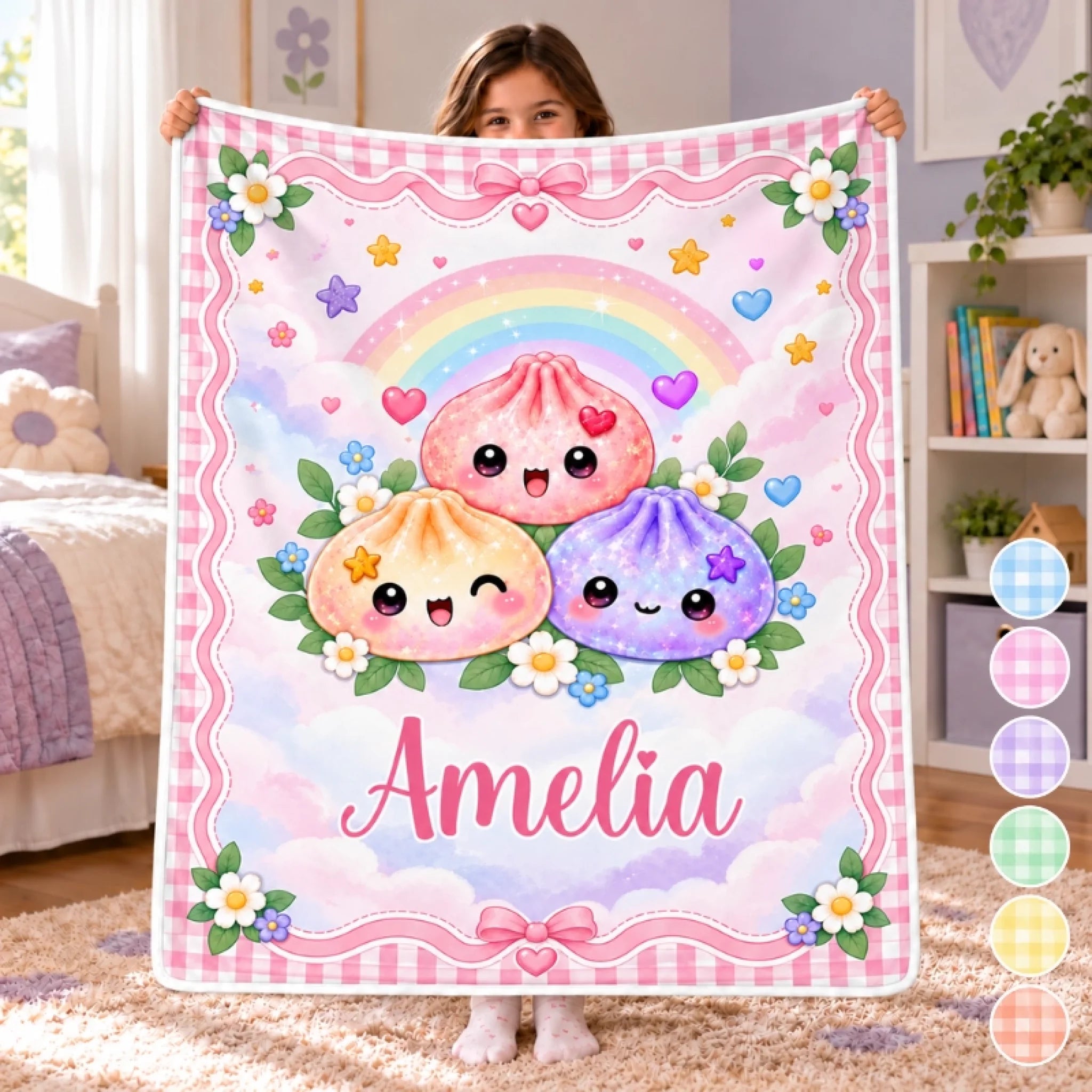 Custom Name Cute Dumpling Rainbow Personalized Blanket Gift for Kids
