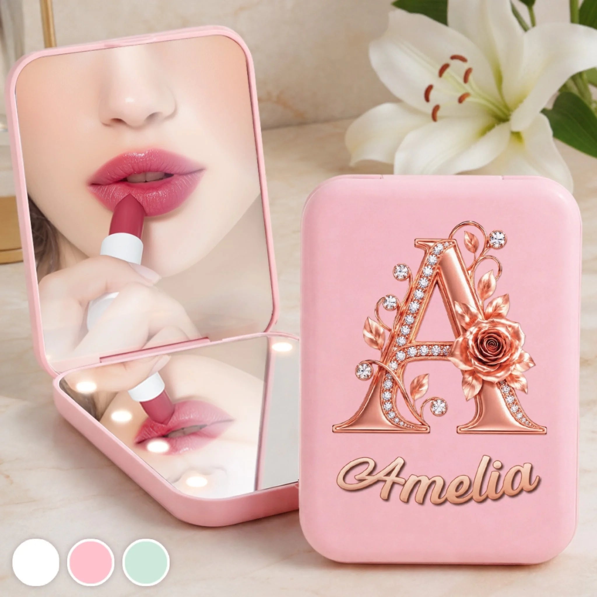Personalized Floral Initial Compact Makeup Mirror, Custom Makeup Gift for Her