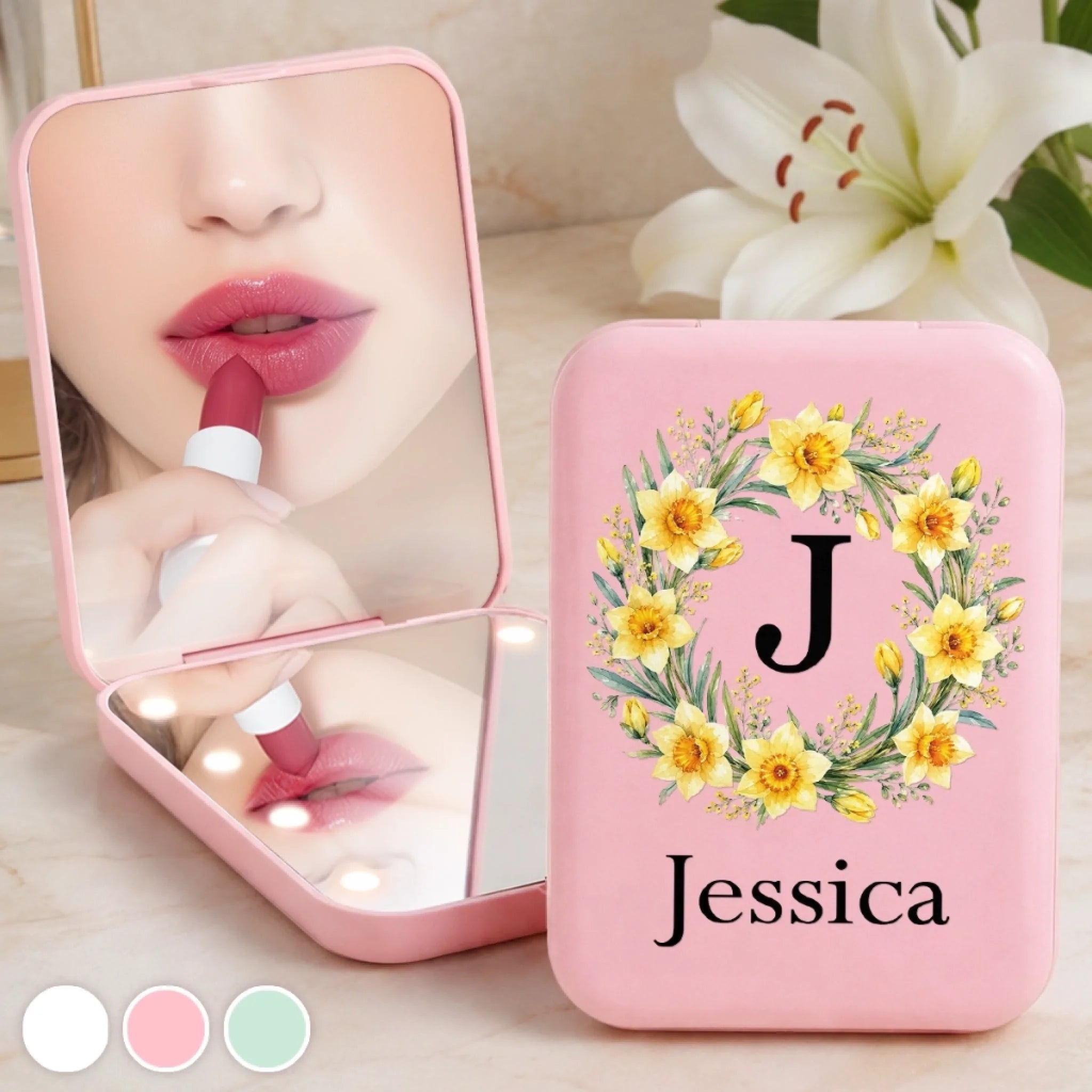 Custom Name Floral Compact Makeup Mirror for Women, Personalized Purse Gift