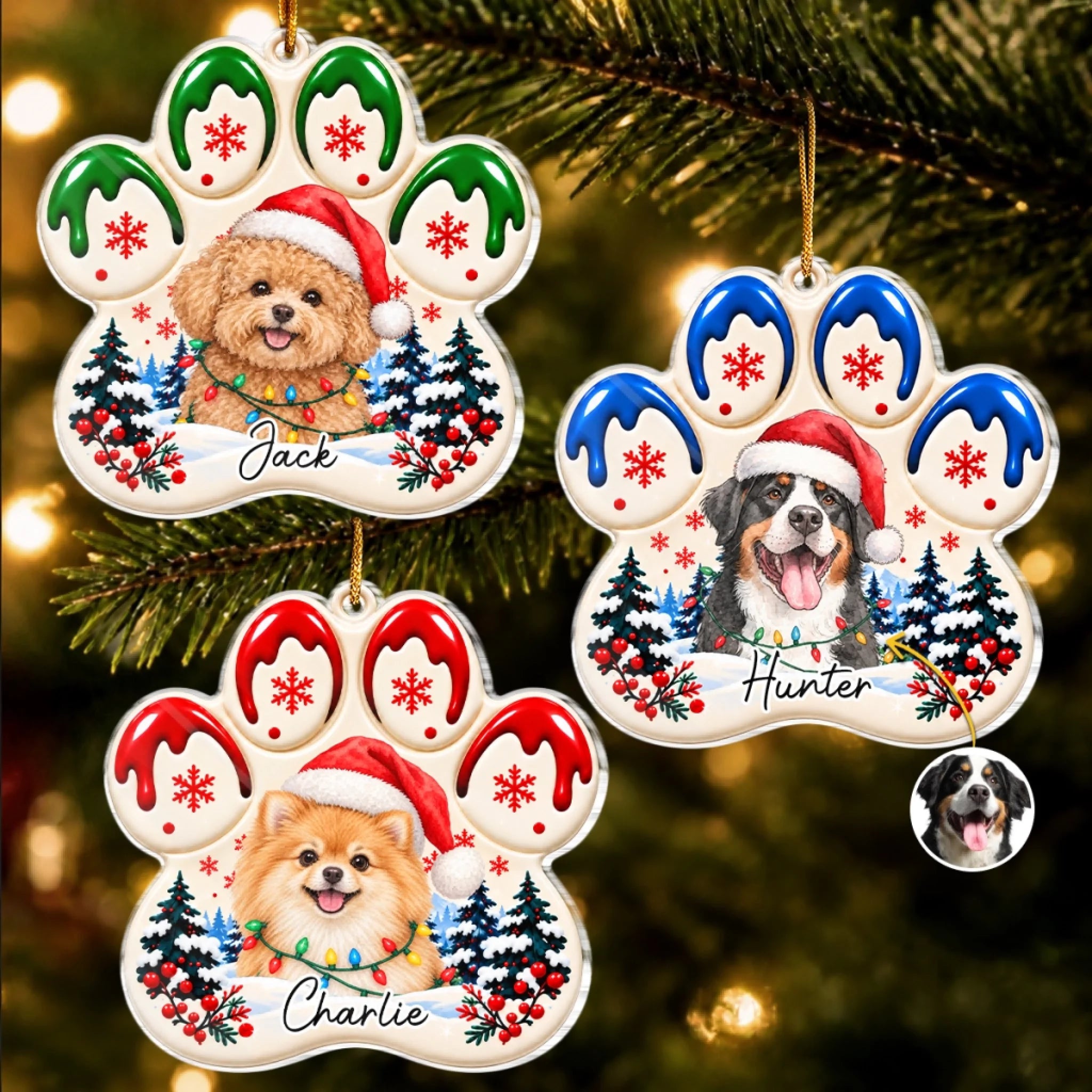 Custom Pet Photo Christmas Paw Personalized Acrylic Ornament Gift for Dog and Cat Lovers