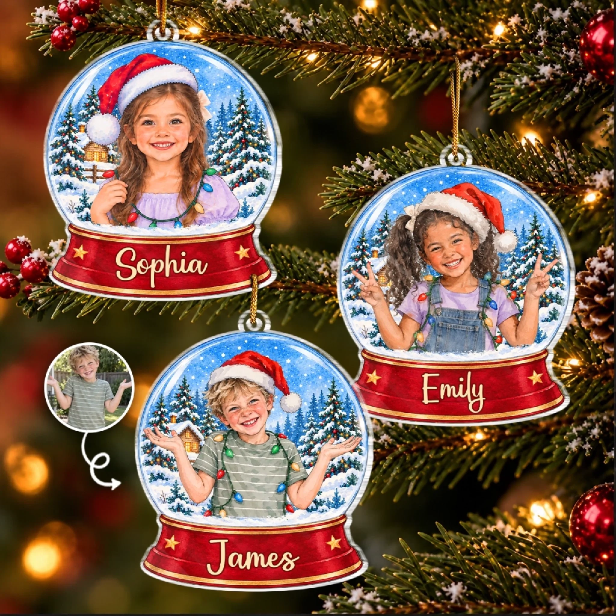 Custom Photo Snow Globe Acrylic Ornament, Personalized Christmas Gift for Kids