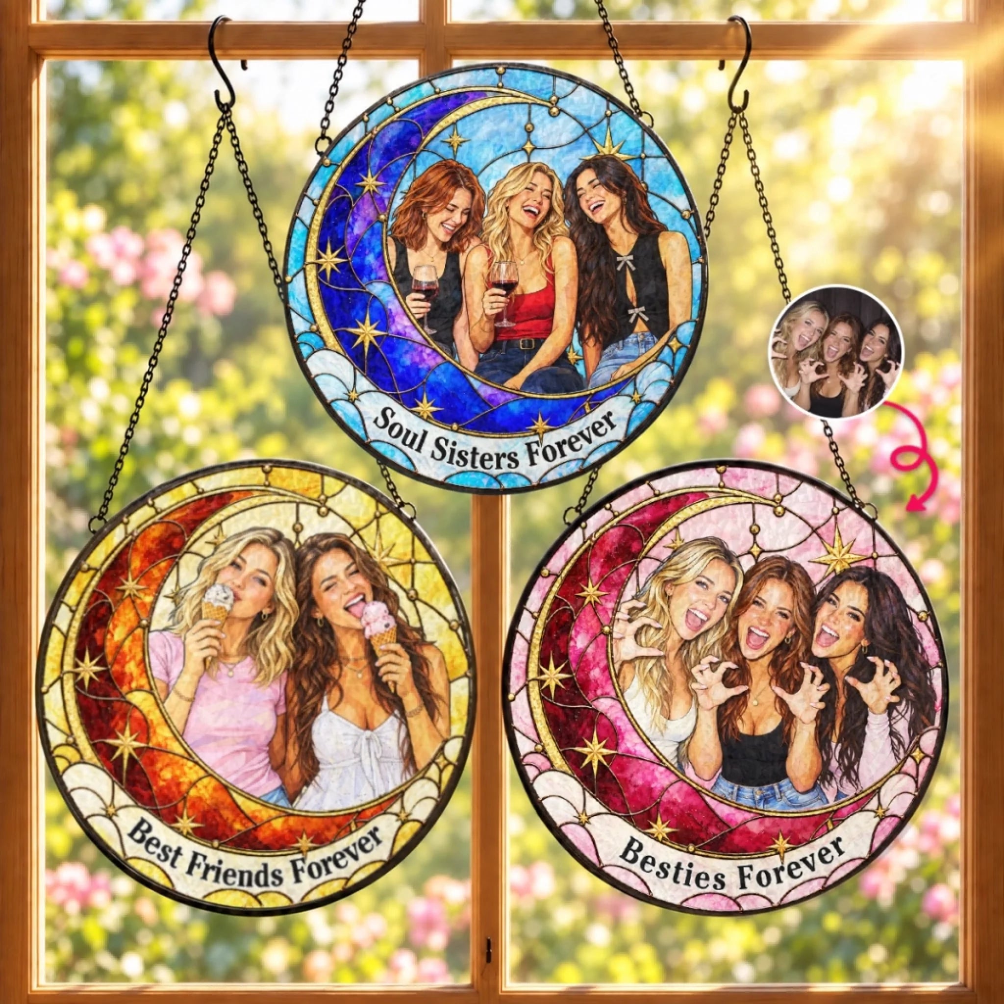 Personalized Photo Bestie Friendship Stained Glass Suncatcher Window Hanging Gift for Women